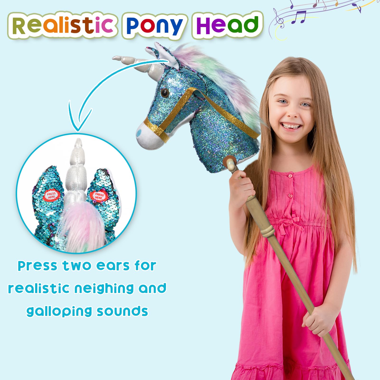 HollyHOME Unicorn Stick Horse with Wood Wheels Real Pony Neighing and Galloping Sounds Plush Unicorn Toy Pink with Rainbow Mane 36 Inches(AA Batteries Required)