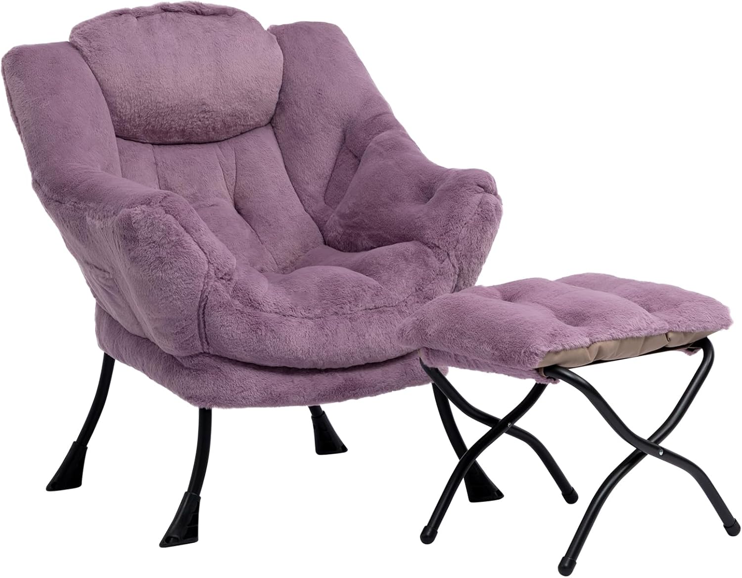 HollyHOME Fabric Lazy Chair with Foldable Ottoman, Accent Comfy Lounge Arm Chair and Folding Footrest Stool Set, Leisure Sofa Reading Chair and Footstool for Living Room, Bedroom, Dorm, Purple