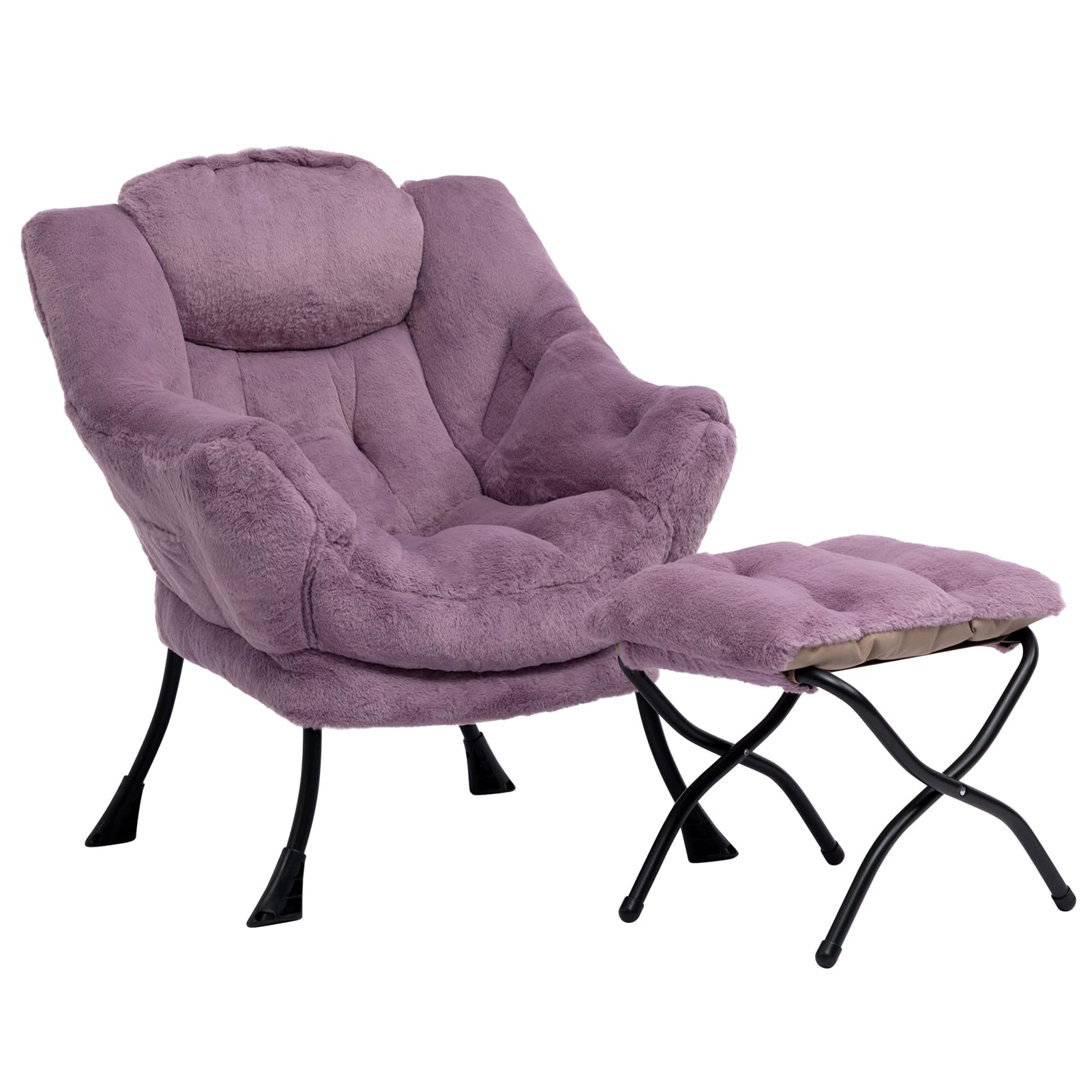 HollyHOME Fabric Lazy Chair with Foldable Ottoman, Accent Comfy Lounge Arm Chair and Folding Footrest Stool Set, Leisure Sofa Reading Chair and Footstool for Living Room, Bedroom, Dorm, Purple