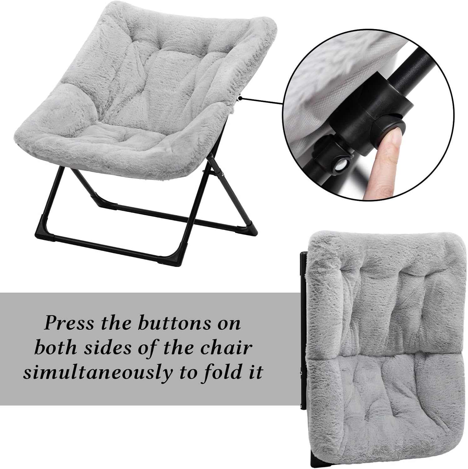 HollyHOME X-Large Saucer Chair with Foldable Ottoman, Comfy Oversized Folding Chair and Folding Footrest Stool Set, Faux-Fur Reading Chair and Footstool for Living Room, Bedroom, Grey Chair&Stool