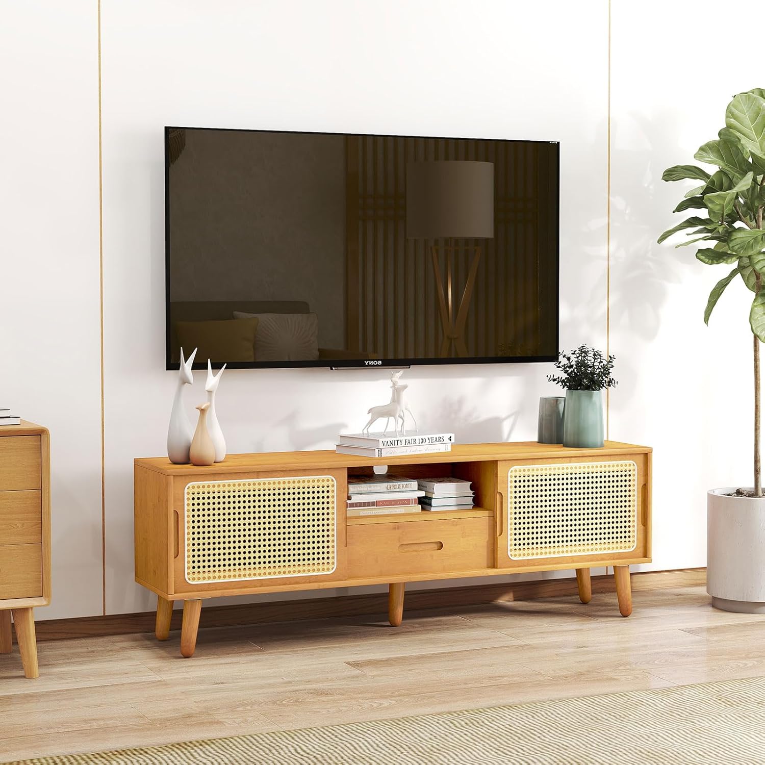 HollyHOME Bamboo TV Stand(Rattan and Drawer)