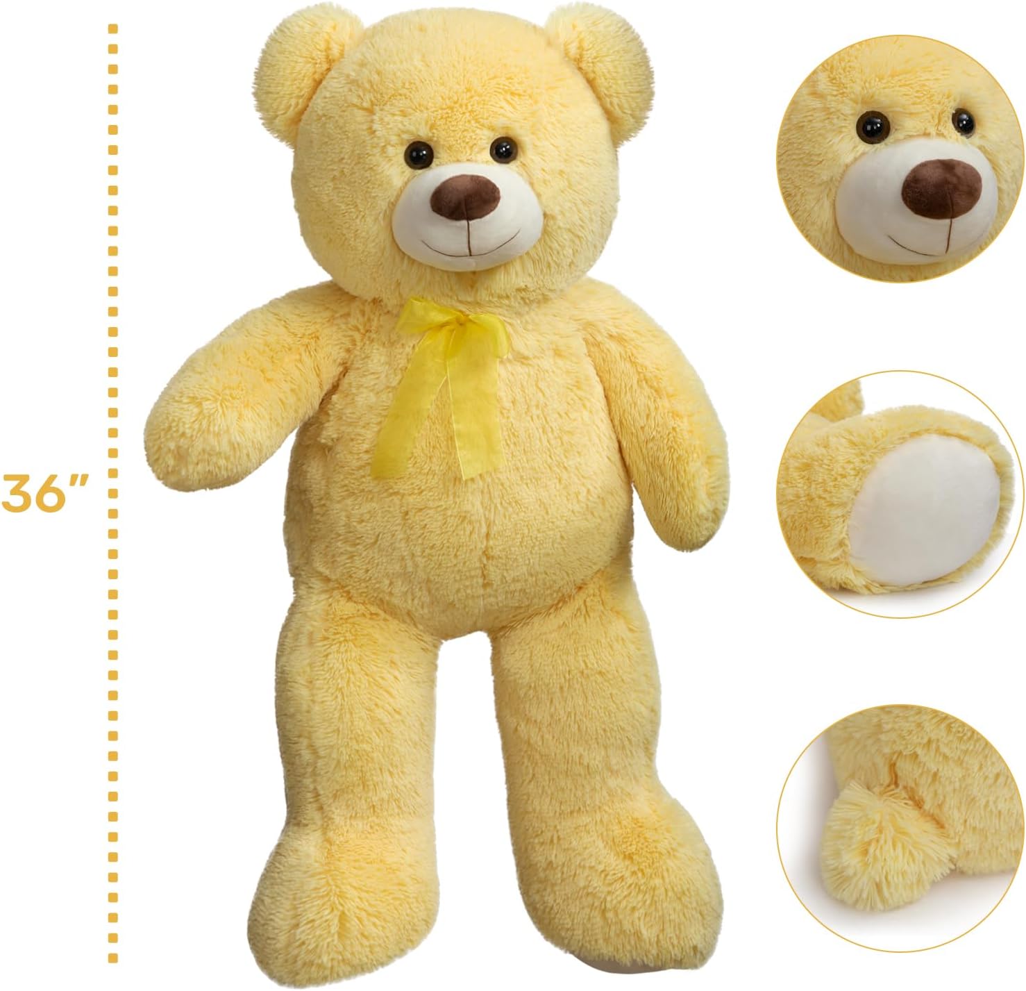 HollyHOME Big Teddy Bear Large Teddy Bear Stuffed Animal Birthday Valentines Day Plush for Kids and Girlfriend 36 inch Yellow