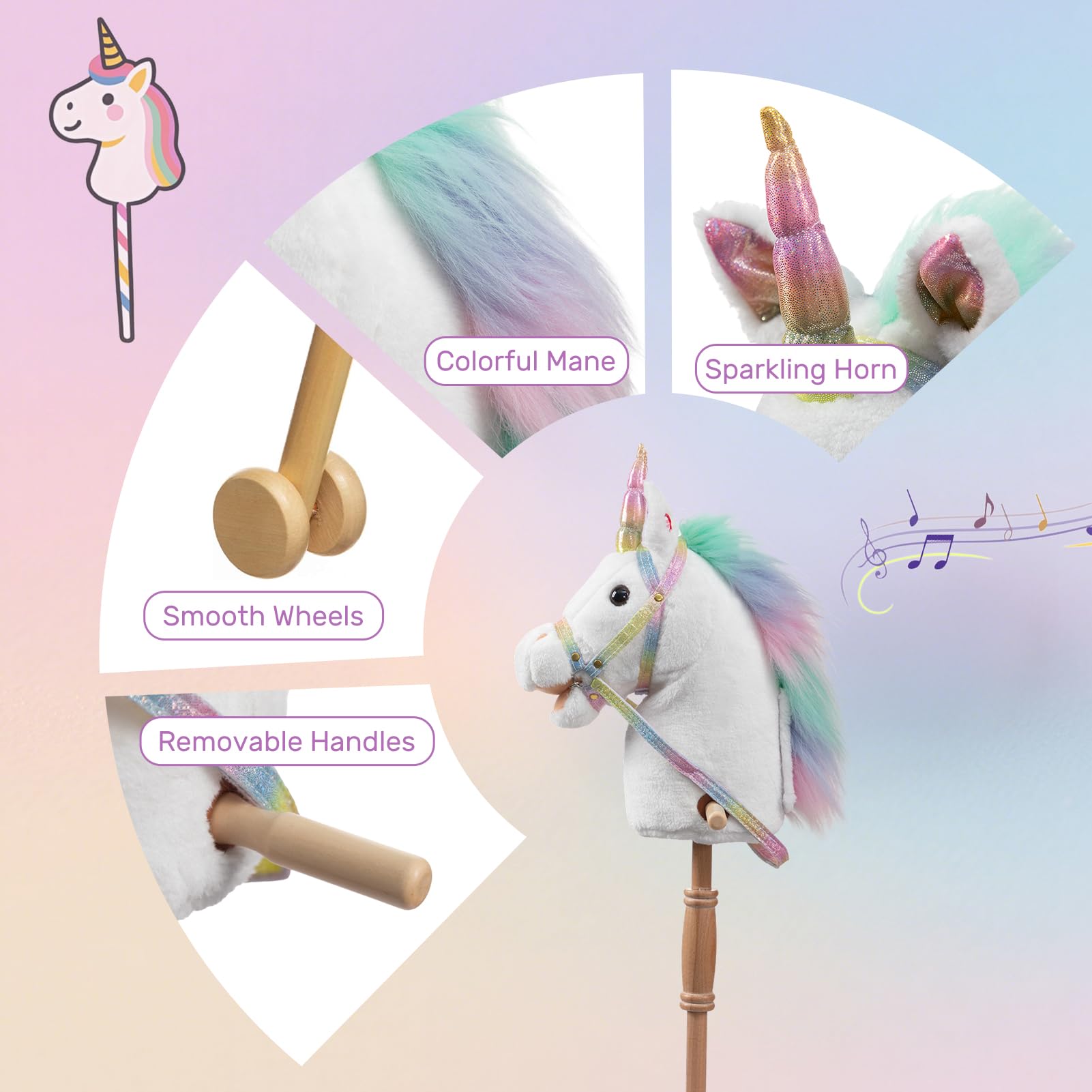 HollyHOME Unicorn Stick Horse with Wood Wheels Real Pony Neighing and Galloping Sounds Plush Unicorn Toy Pink with Rainbow Mane 36 Inches(AA Batteries Required)