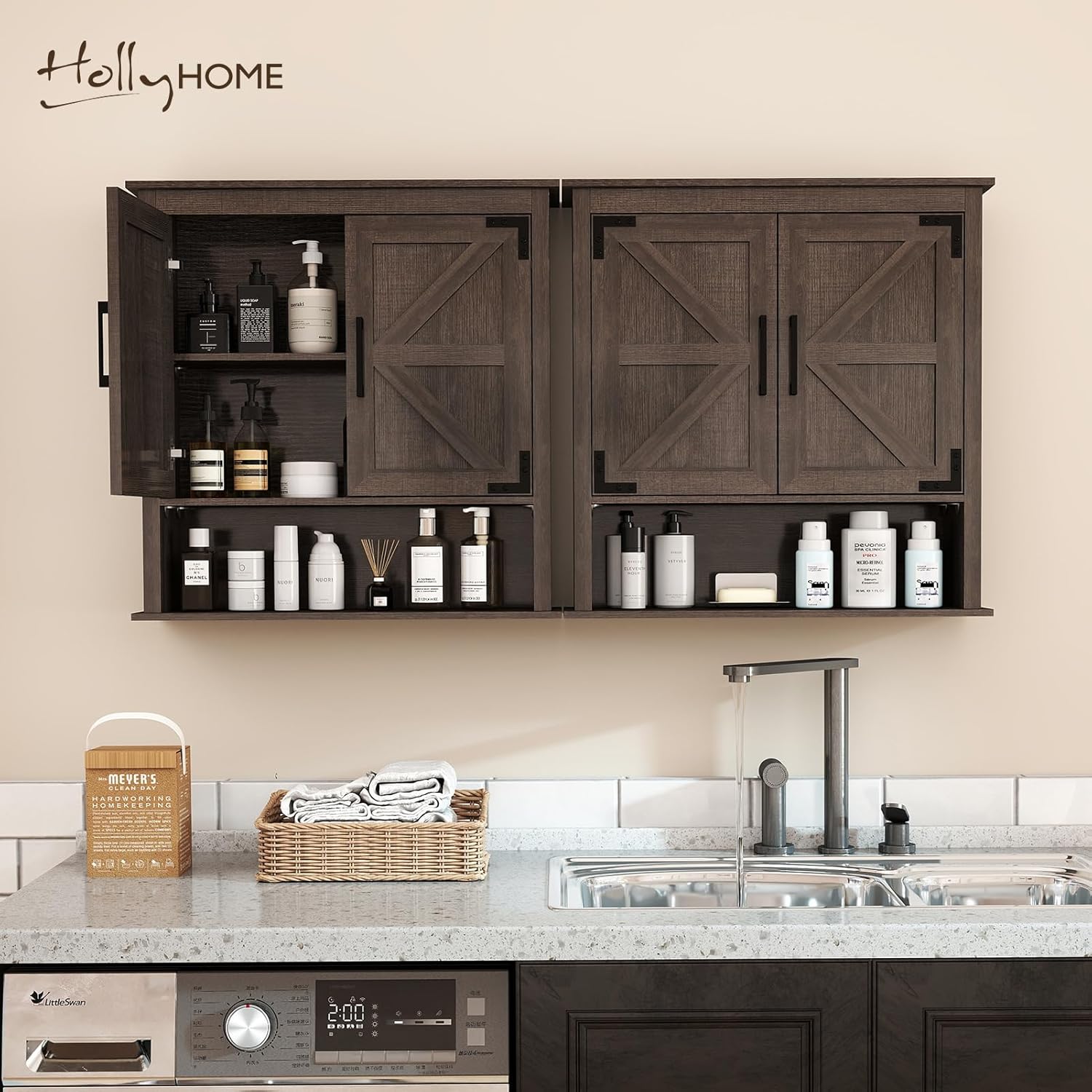 HollyHOME Farmhouse Wall Wood Medicine Cabinet for Bathroom, Kitchen, Laundry Room, Living Room, Dark Brown