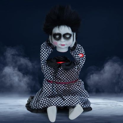 HollyHOME Halloween Creepy Doll with Black Hair Animatronic Haunted Doll Prop with Moving Head and Horrible Sound Halloween Outdoor Indoor Decoration