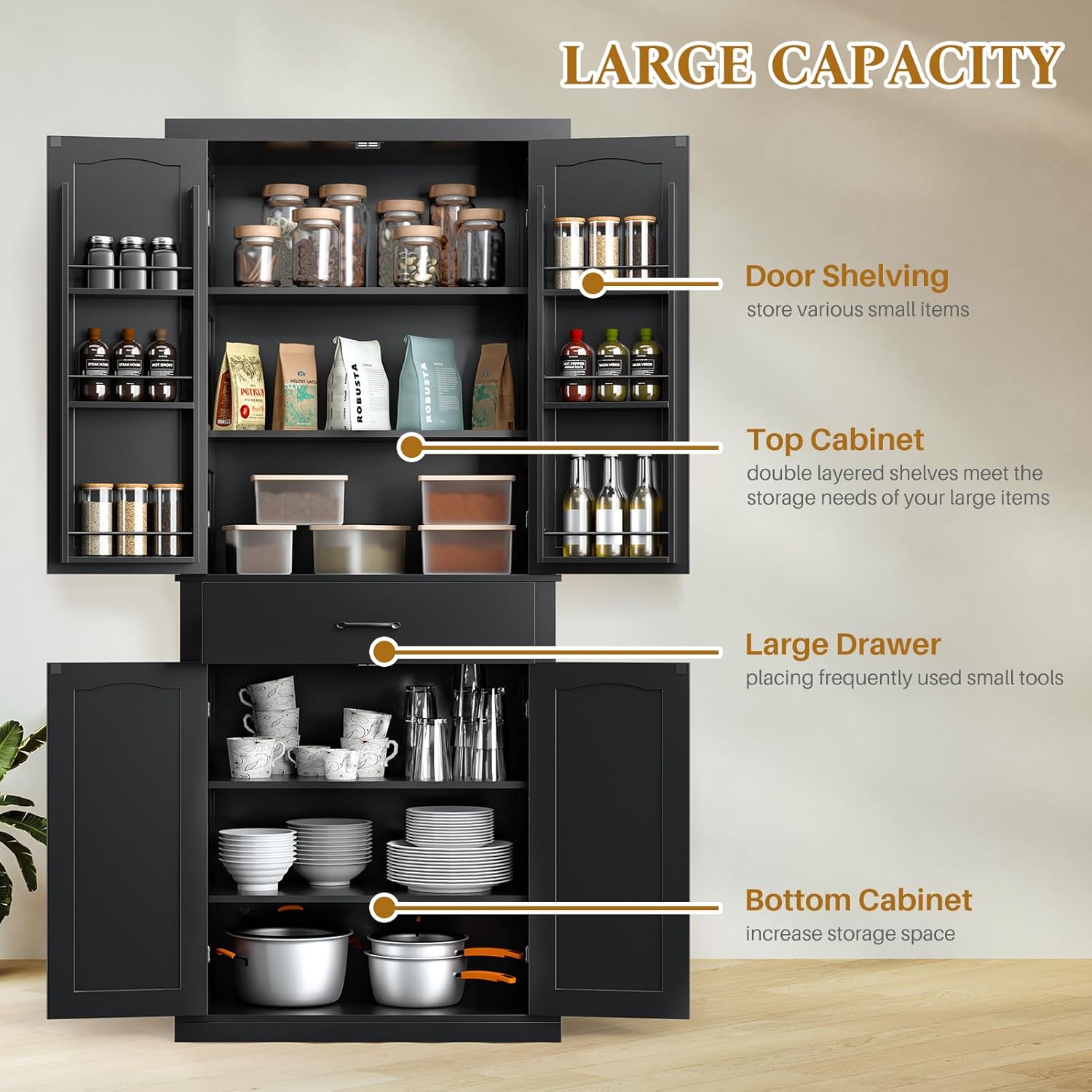 HollyHOME Kitchen Pantry Cabinet Black（4-Door）