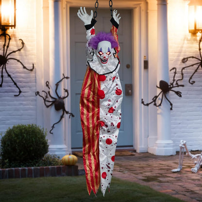 HollyHOME Halloween Animated Hanging Clown with Glowing Eyes Creepy Sound and Shaking Body Halloween Decorations Outdoor Scary Haunted House Outdoor Prop Decor 60'' Red