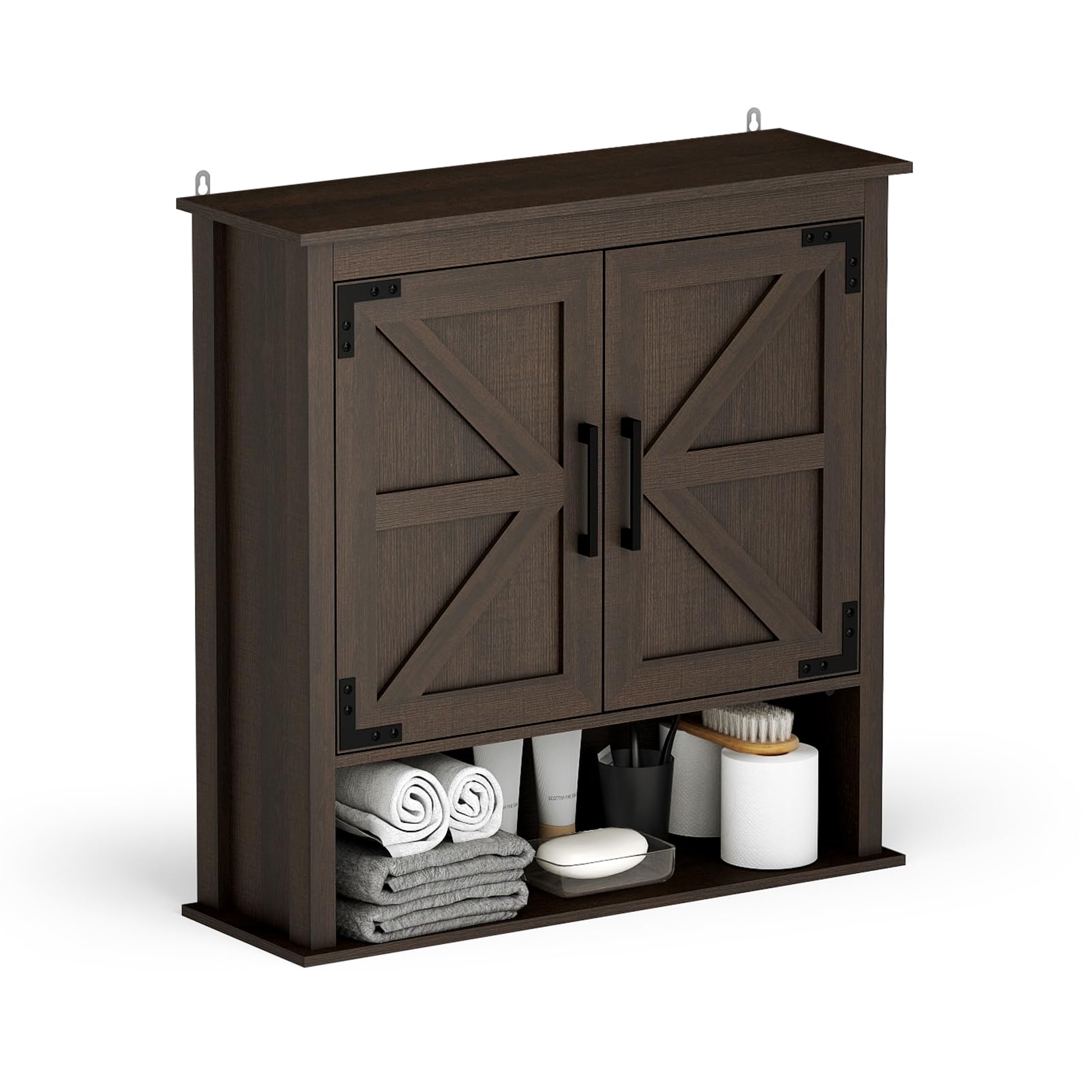 HollyHOME Farmhouse Wall Wood Medicine Cabinet for Bathroom, Kitchen, Laundry Room, Living Room, Dark Brown
