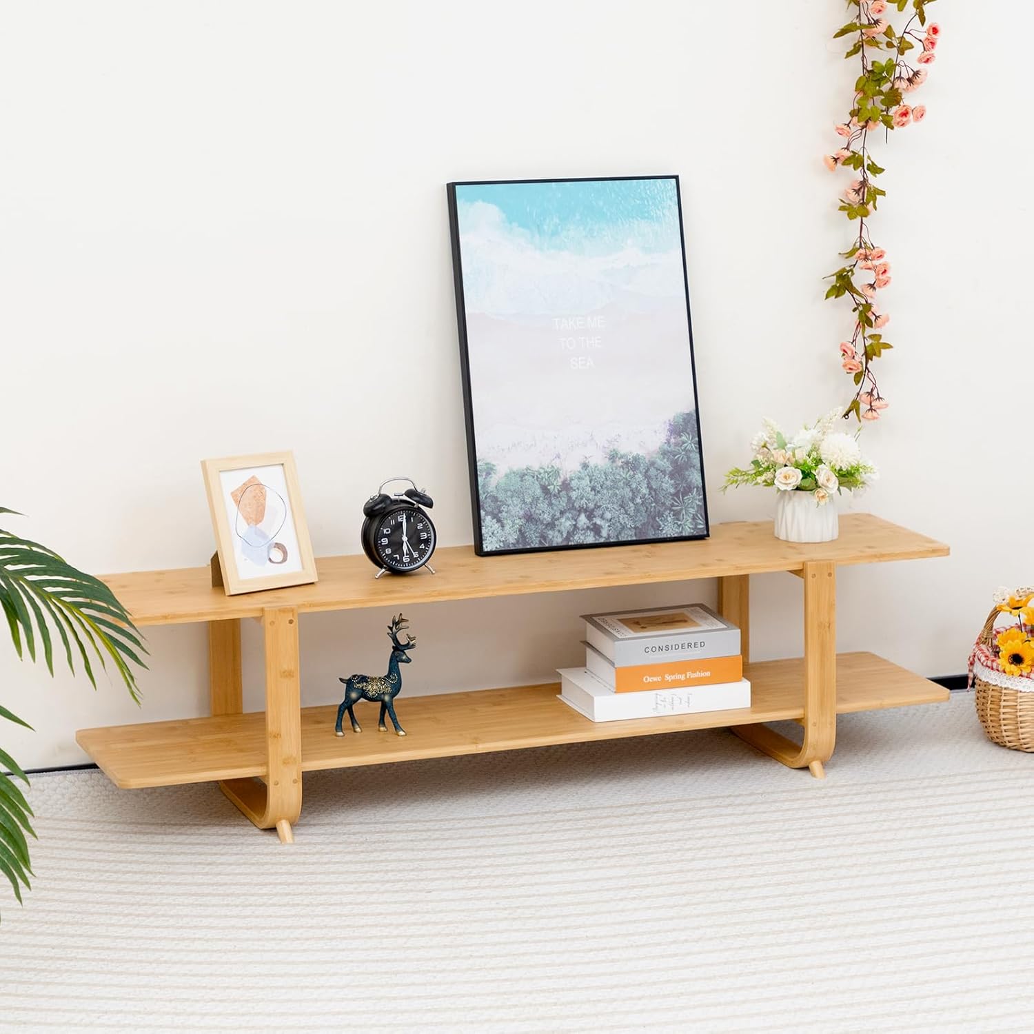 HollyHOME 55"(L) Burlywood Bamboo TV Stand with Storage