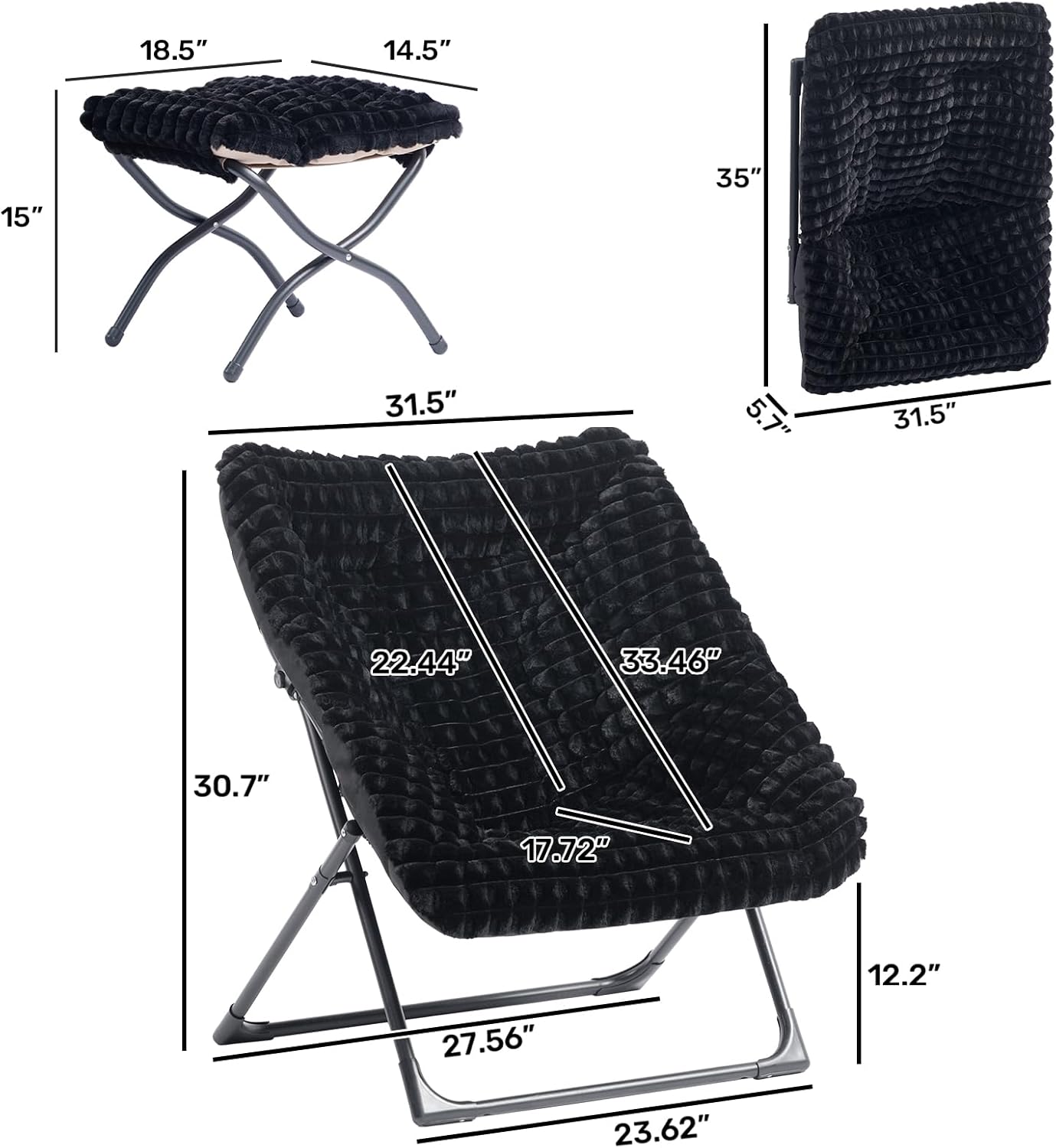 HollyHOME X-Large Saucer Chair with Foldable Ottoman, Comfy Oversized Folding Chair and Folding Footrest Stool Set, Faux-Fur Reading Chair and Footstool for Living Room, Navy Blue Chair&Stool