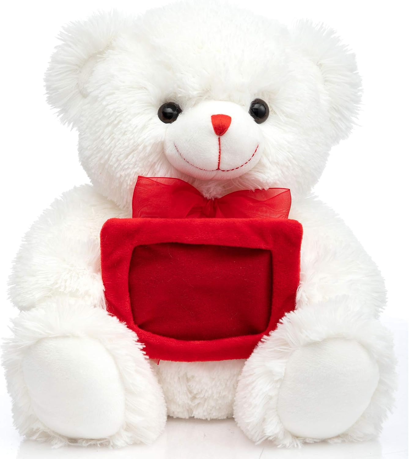 HollyHOME Teddy Bear Stuffed Animal Plush Bear with Red Bow Holding a Picture Frame Soft Plush Toy Christmas Valentine's Day Gift 12 Inches White