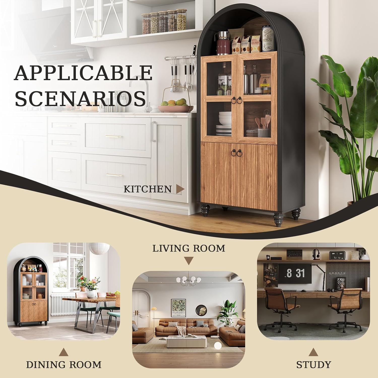 HollyHOME 66.6" Arched Kitchen Pantry Cabinet