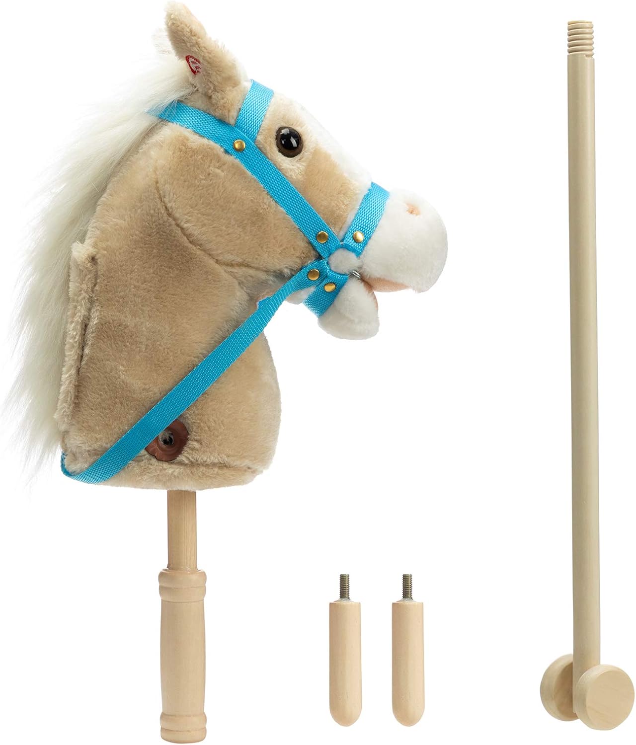 HollyHOME Stick Horse Plush Handcrafted Hobby Horse on a Stick with Wood Wheels Real Pony Neighing and Galloping Sounds for Kids Toddlers Beige 36 Inches(AA Batteries Required)