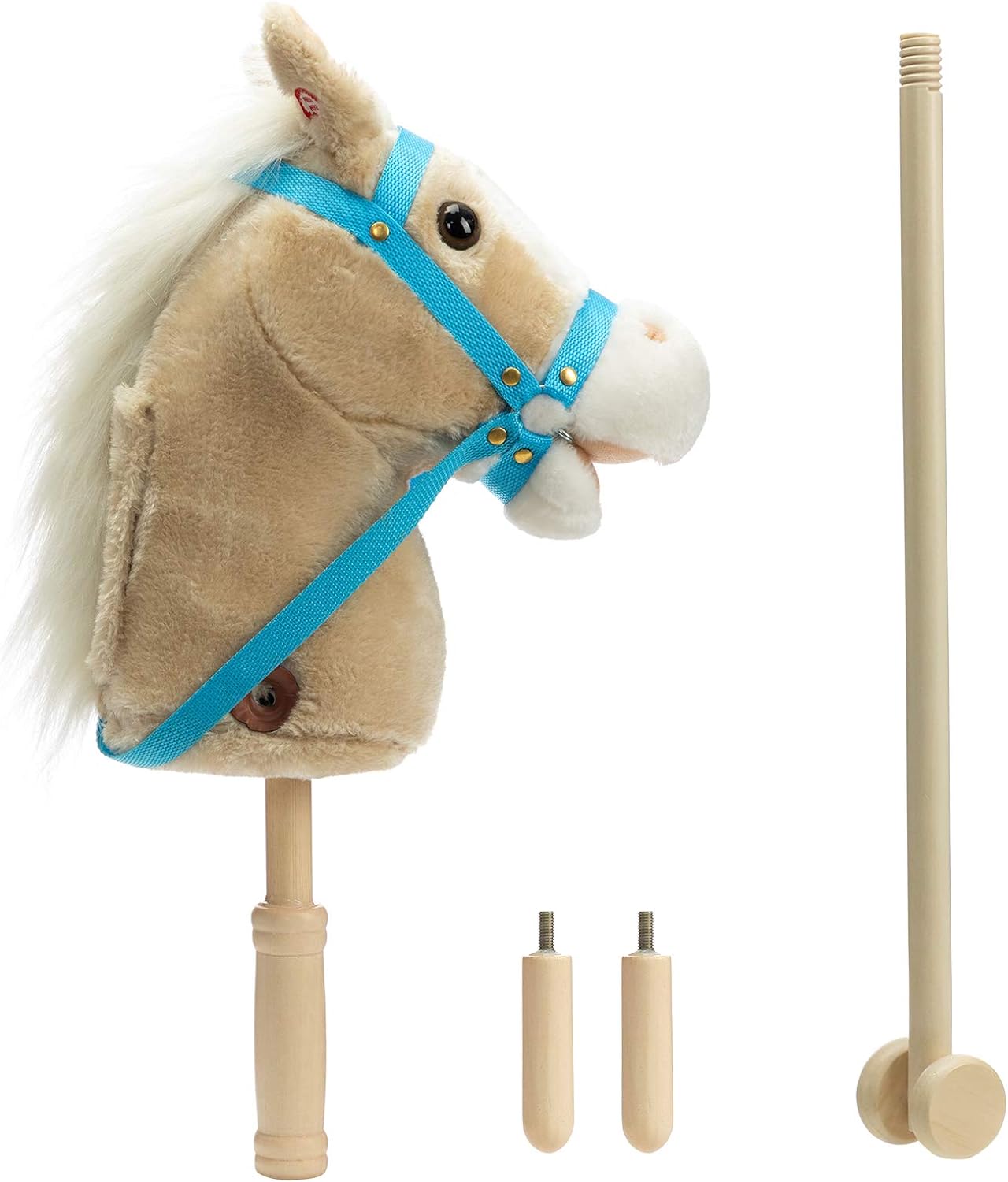 HollyHOME Stick Horse Plush with Detachable Blue Ribbon Champion Hobby Horse on Stick with Wood Wheels Real Pony Neighing for Kids Toddlers Chocolate 36 Inches(AA Batteries Required)