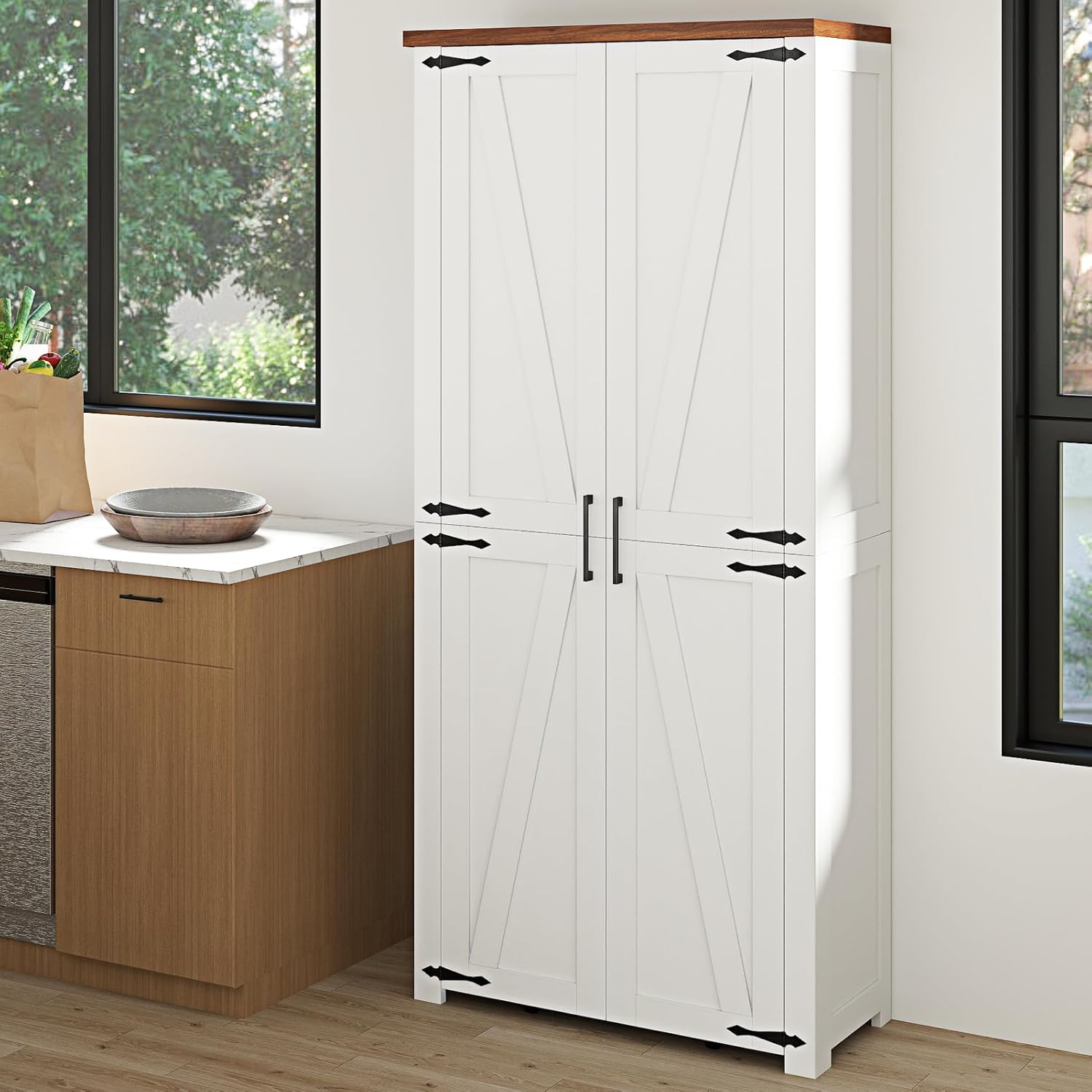 HollyHOME Kitchen Pantry Cabinet White（2-Door）