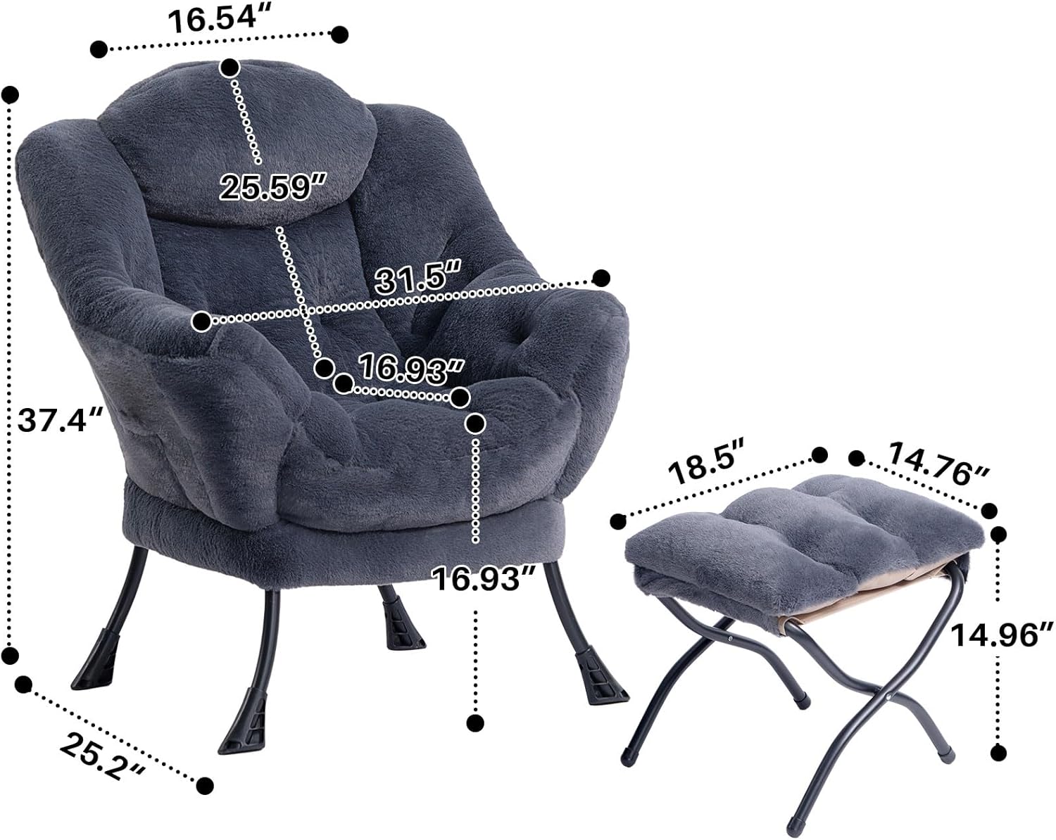 HollyHOME Fabric Lazy Chair with Foldable Ottoman, Accent Comfy Lounge Arm Chair and Folding Footrest Stool Set, Leisure Sofa Reading Chair and Footstool for Living Room, Bedroom, Dorm, Navy Blue