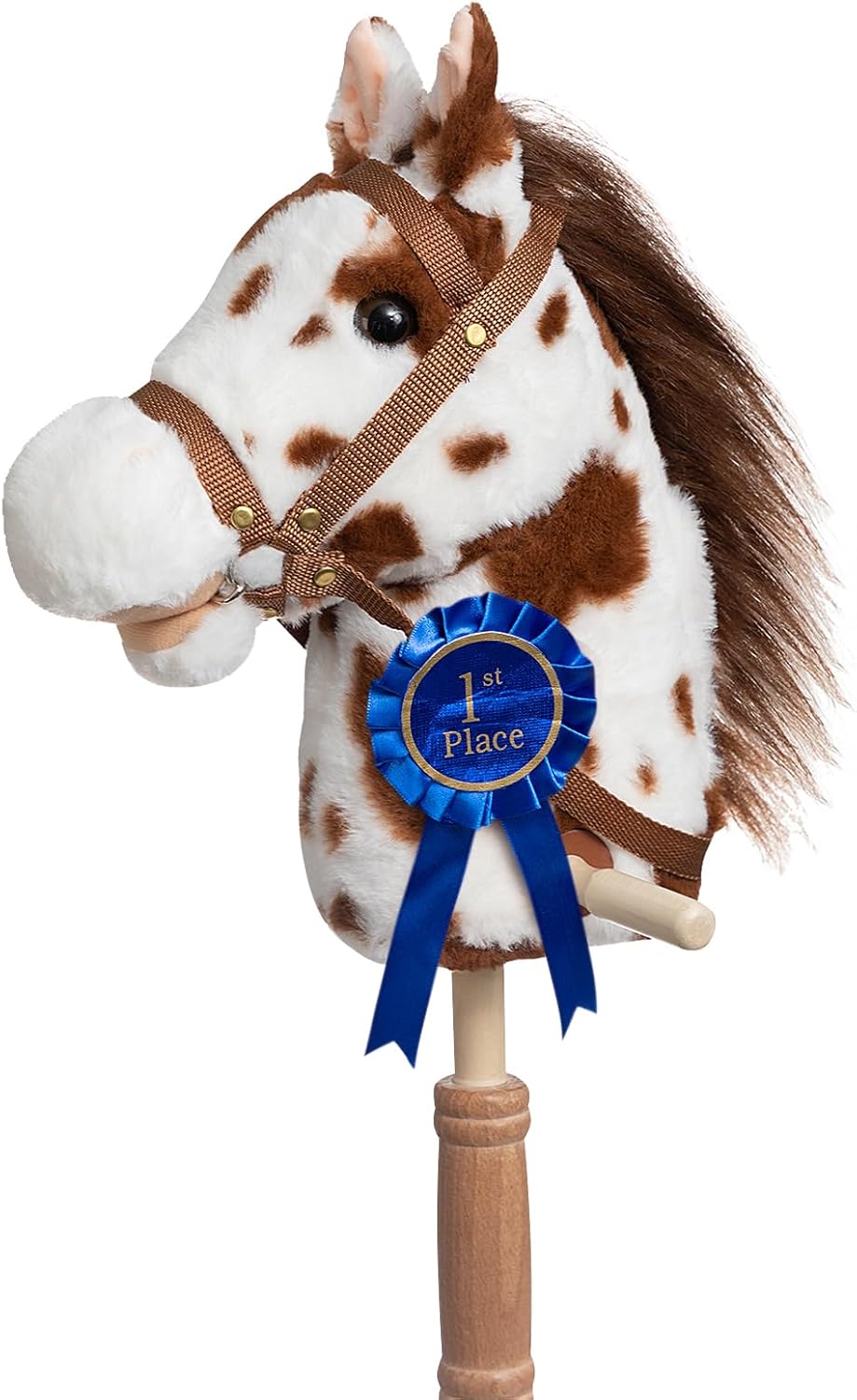 HollyHOME Stick Horse Plush Handcrafted Hobby Horse on a Stick with Wood Wheels Real Pony Neighing and Galloping Sounds for Kids Toddlers Beige 36 Inches(AA Batteries Required)