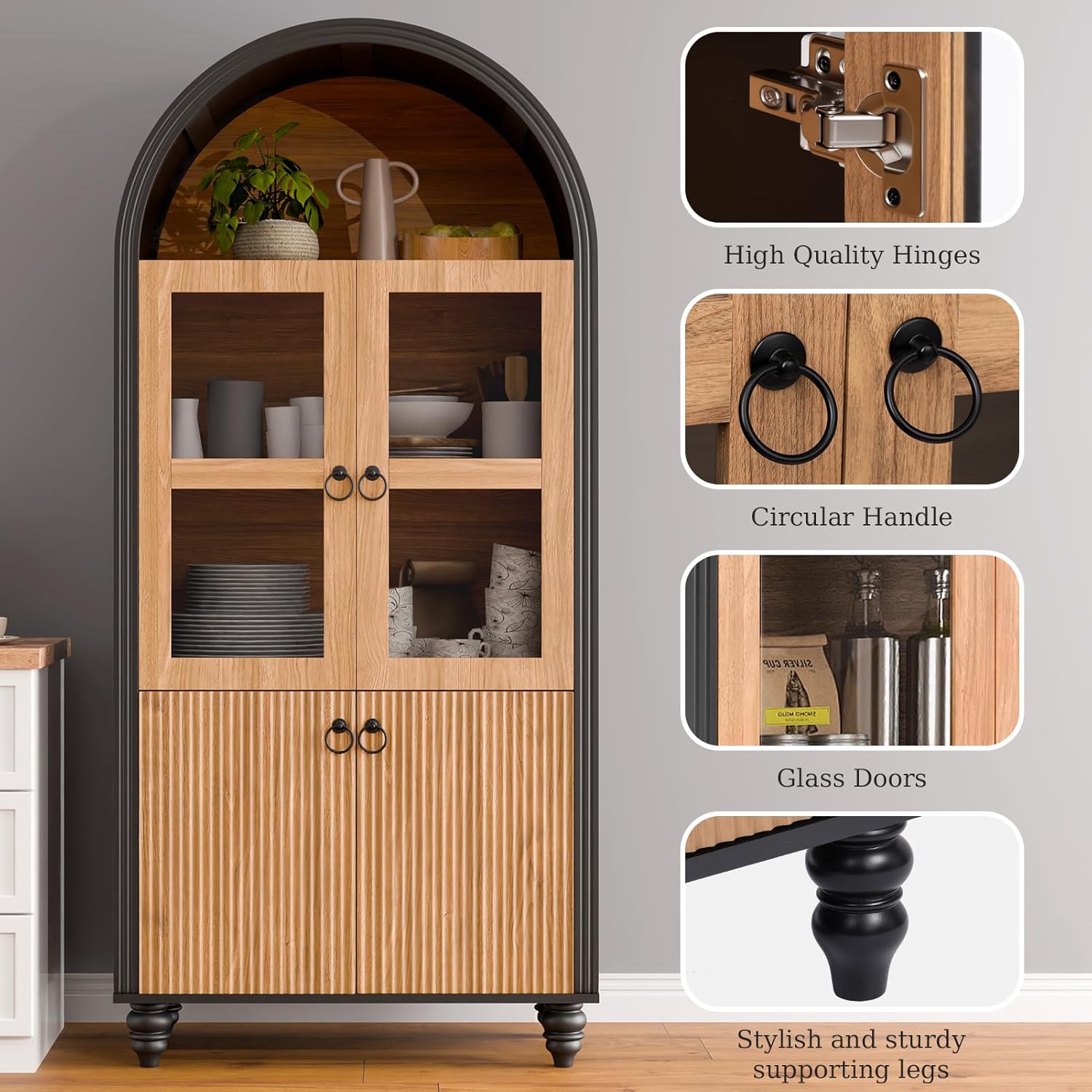 HollyHOME 66.6" Arched Kitchen Pantry Cabinet