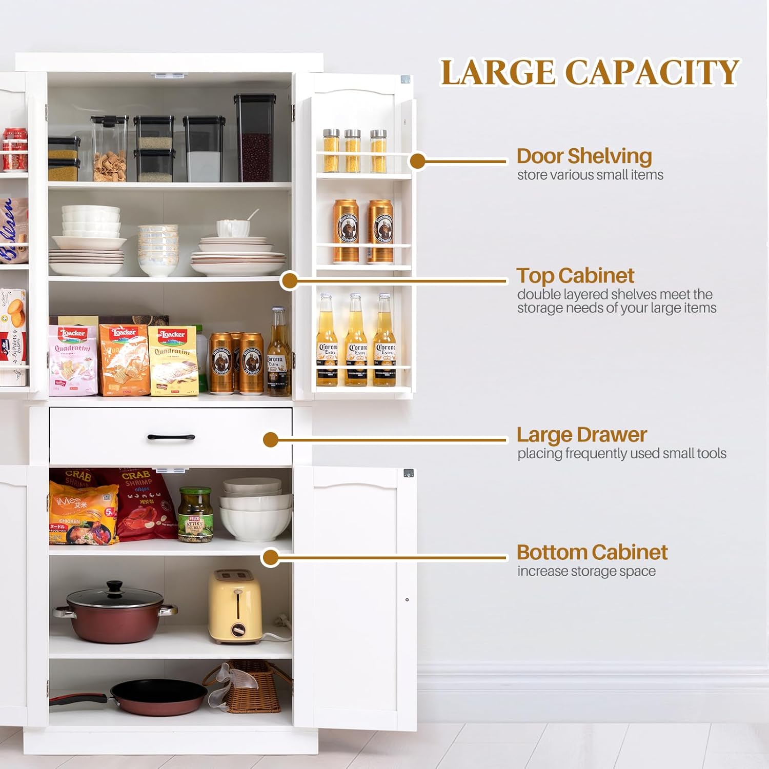 HollyHOME Kitchen Pantry Cabinet White（4-Door）