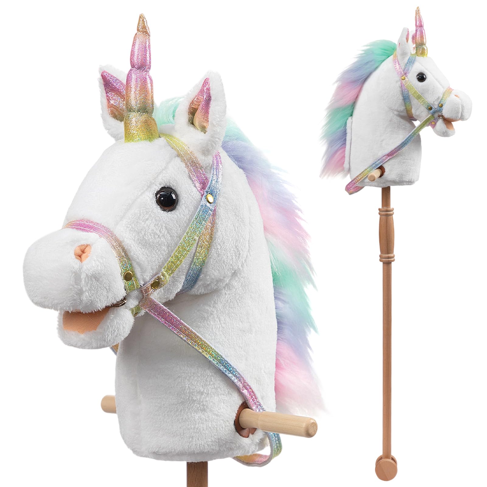 HollyHOME Unicorn Stick Horse with Wood Wheels Real Pony Neighing and Galloping Sounds Plush Unicorn Toy Pink with Rainbow Mane 36 Inches(AA Batteries Required)