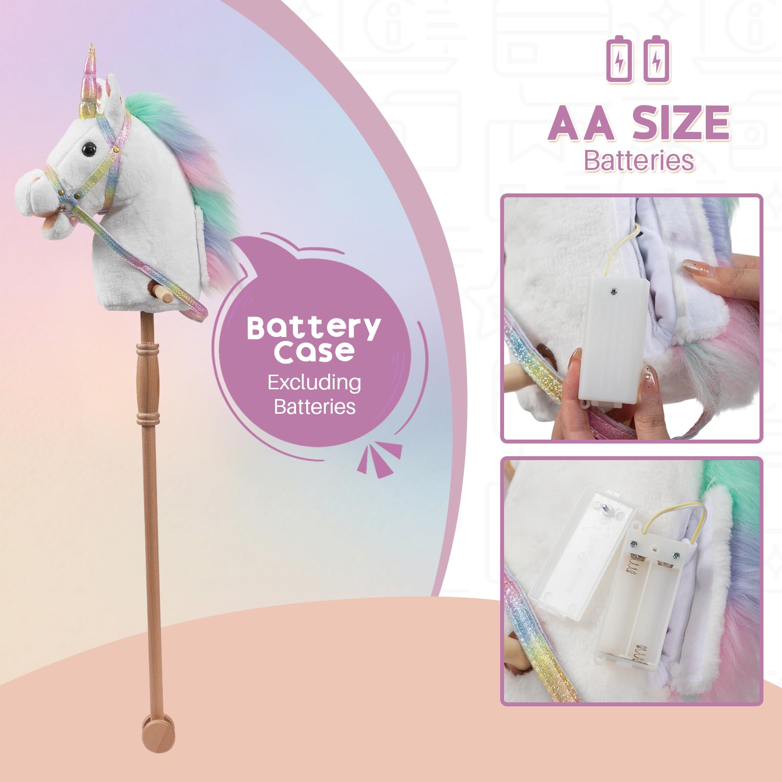 HollyHOME Unicorn Stick Horse with Wood Wheels Real Pony Neighing and Galloping Sounds Plush Unicorn Toy Pink with Rainbow Mane 36 Inches(AA Batteries Required)