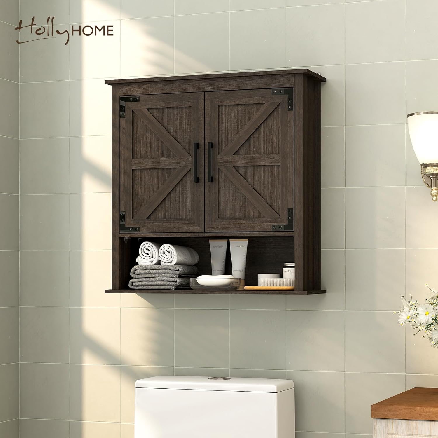 HollyHOME Farmhouse Wall Wood Medicine Cabinet for Bathroom, Kitchen, Laundry Room, Living Room, Dark Brown