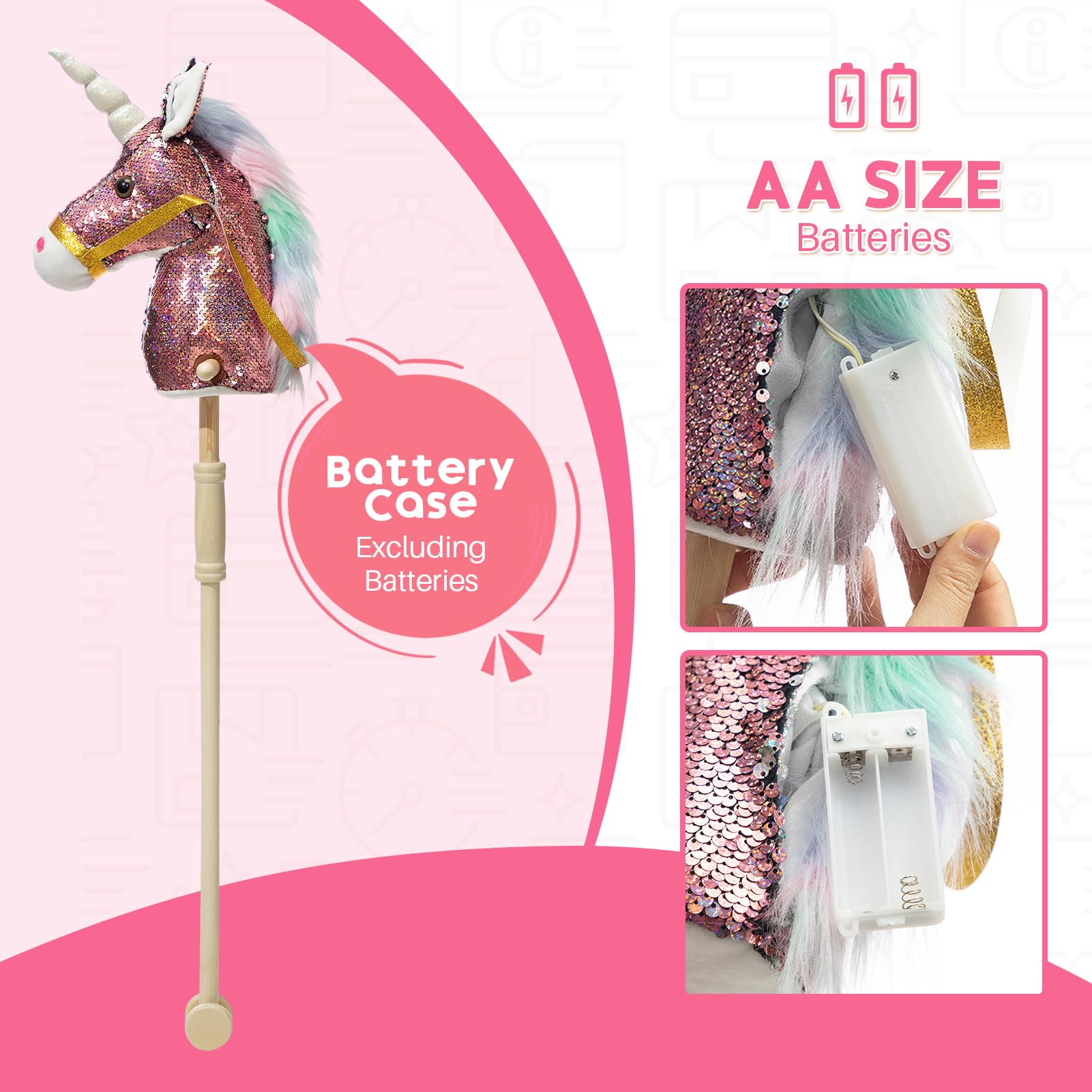 HollyHOME Unicorn Stick Horse with Wood Wheels Real Pony Neighing and Galloping Sounds Plush Unicorn Toy Pink with Rainbow Mane 36 Inches(AA Batteries Required)