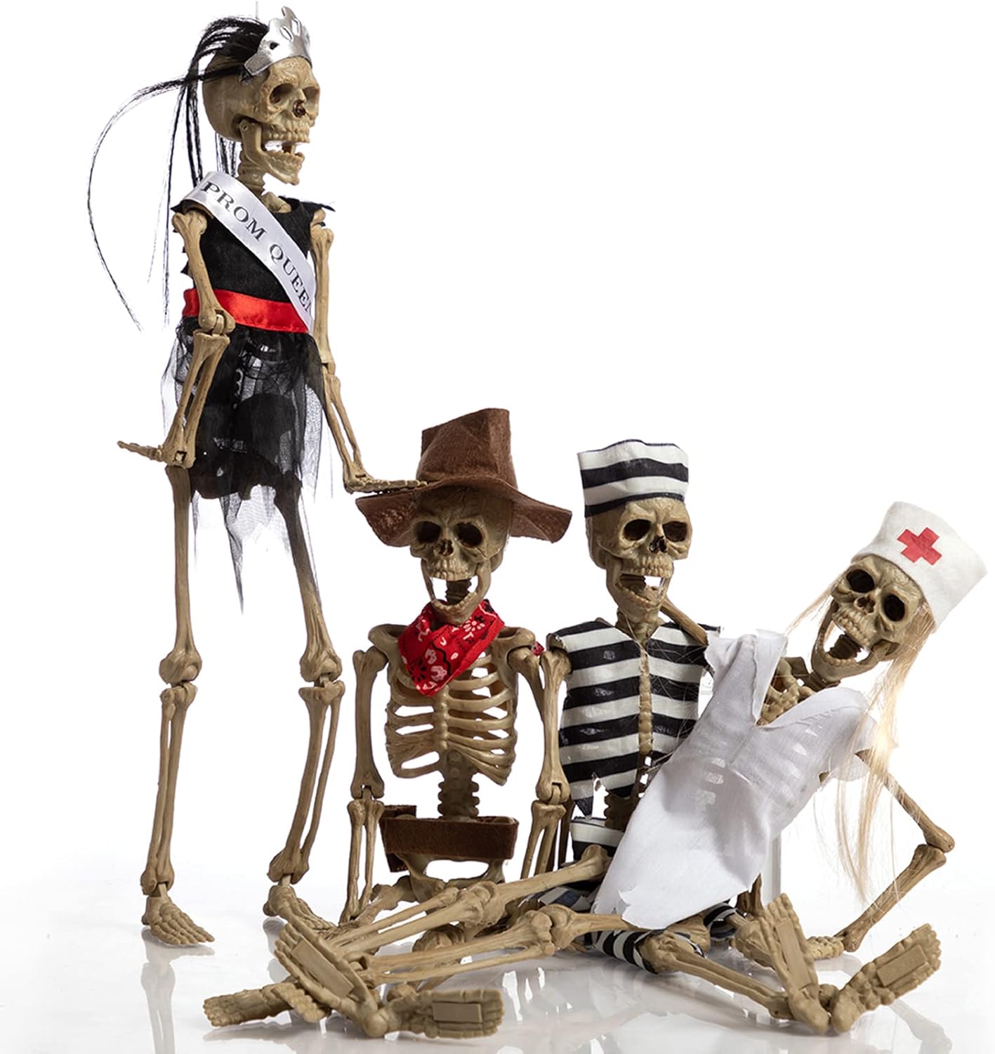 HollyHOME 17 Inch 4 Pieces Halloween Hanging Skeleton Props Skeleton Figures with Dress Haunted House