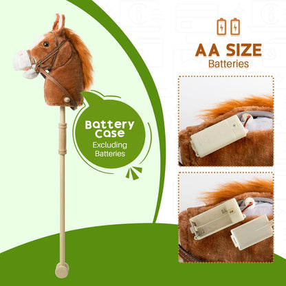 HollyHOME Stick Horse Plush Handcrafted Hobby Horse on a Stick with Wood Wheels Real Pony Neighing and Galloping Sounds for Kids Toddlers Dark Brown 36 Inches(AA Batteries Required)