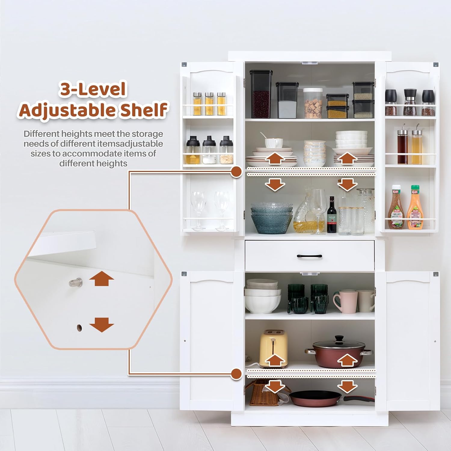 HollyHOME Kitchen Pantry Cabinet White（4-Door）