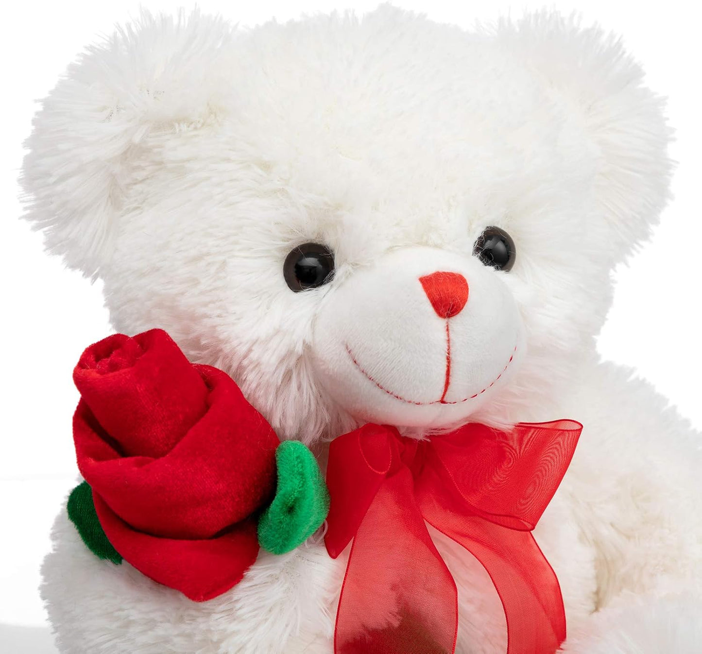 HollyHOME Teddy Bear Stuffed Animal Rose Bear with Red Bow Soft Plush Toy Holiday Valentine's Day Gift 12 Inches White