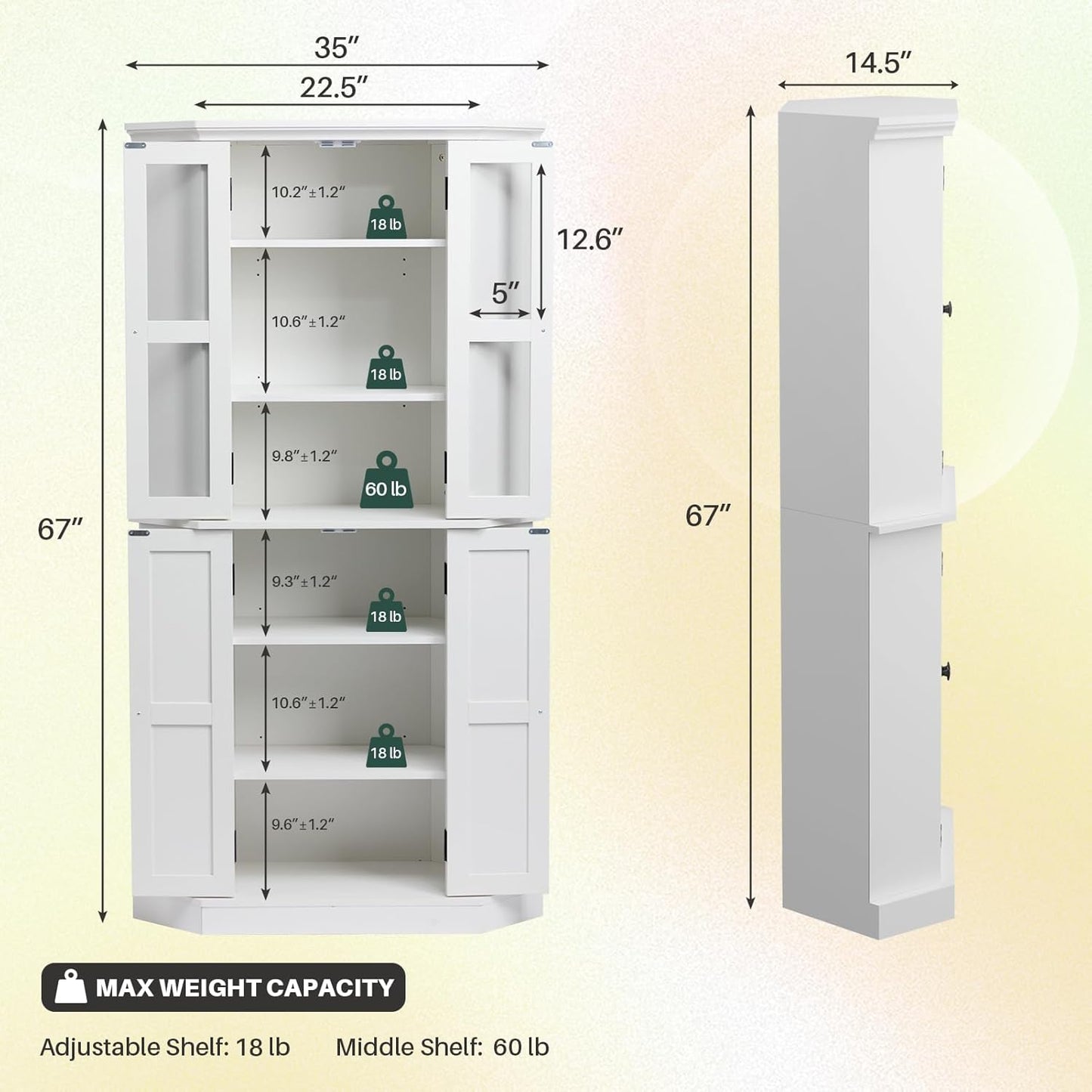 HollyHOME 67 "Large Kitchen Corner Pantry Cabinet, Wood Cupboard with Glass Doors and Adjustable Shelves, Storage Cabinet for Kitchen, Living Room, and Bathroom, White