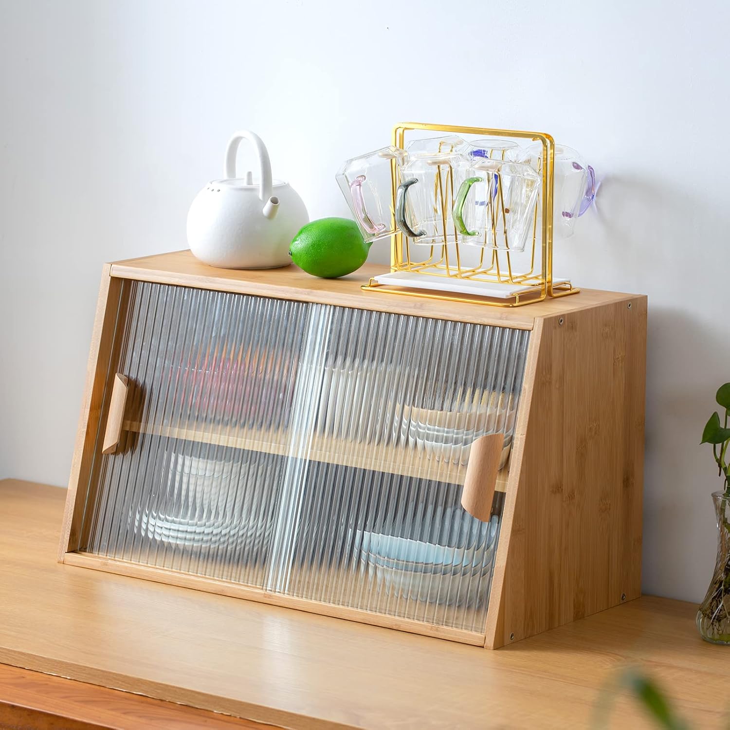 HollyHOME Small Bamboo Kitchen Pantry Sideboard with 2 Sliding Striped Glass Doors, Freestanding Countertop Storage Cabinet for Bottles, Dish, Bowl, Console Dining Cupboard, Walnut