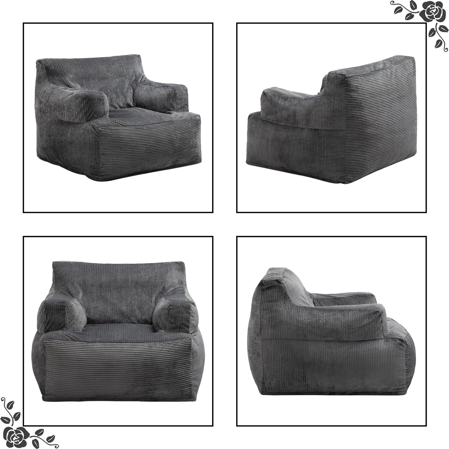 HollyHOME Bean Bag Chair with Filler for Adults, 37LB Foam Filled Bean Bag Sofa with Washable Cover, Filling Lazy Puff Chair for Living Room, Bedroom, Corduroy Reading Chair for Teens, Dark Grey