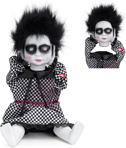 HollyHOME Halloween Creepy Doll with Black Hair Animatronic Haunted Doll Prop with Moving Head and Horrible Sound Halloween Outdoor Indoor Decoration