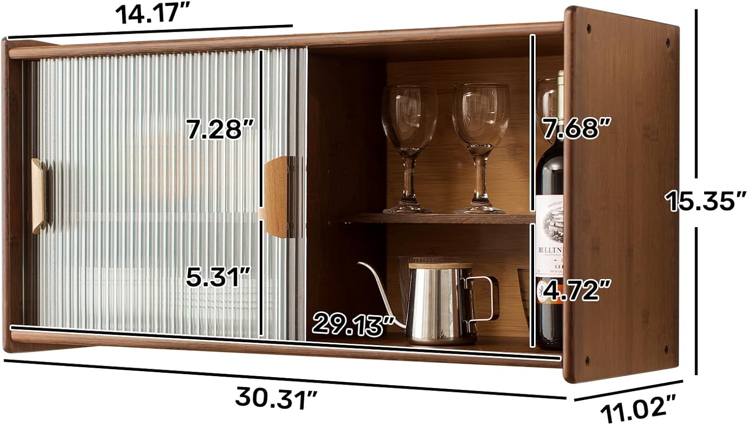 HollyHOME Small Bamboo Wall Mounted Kitchen Pantry Sideboard with 2 Doors, Coffee Wine Bar Storage Cabinet for Liquor and Glasses, Console Dining Cupboard for Bottle, Dish, Burlywood