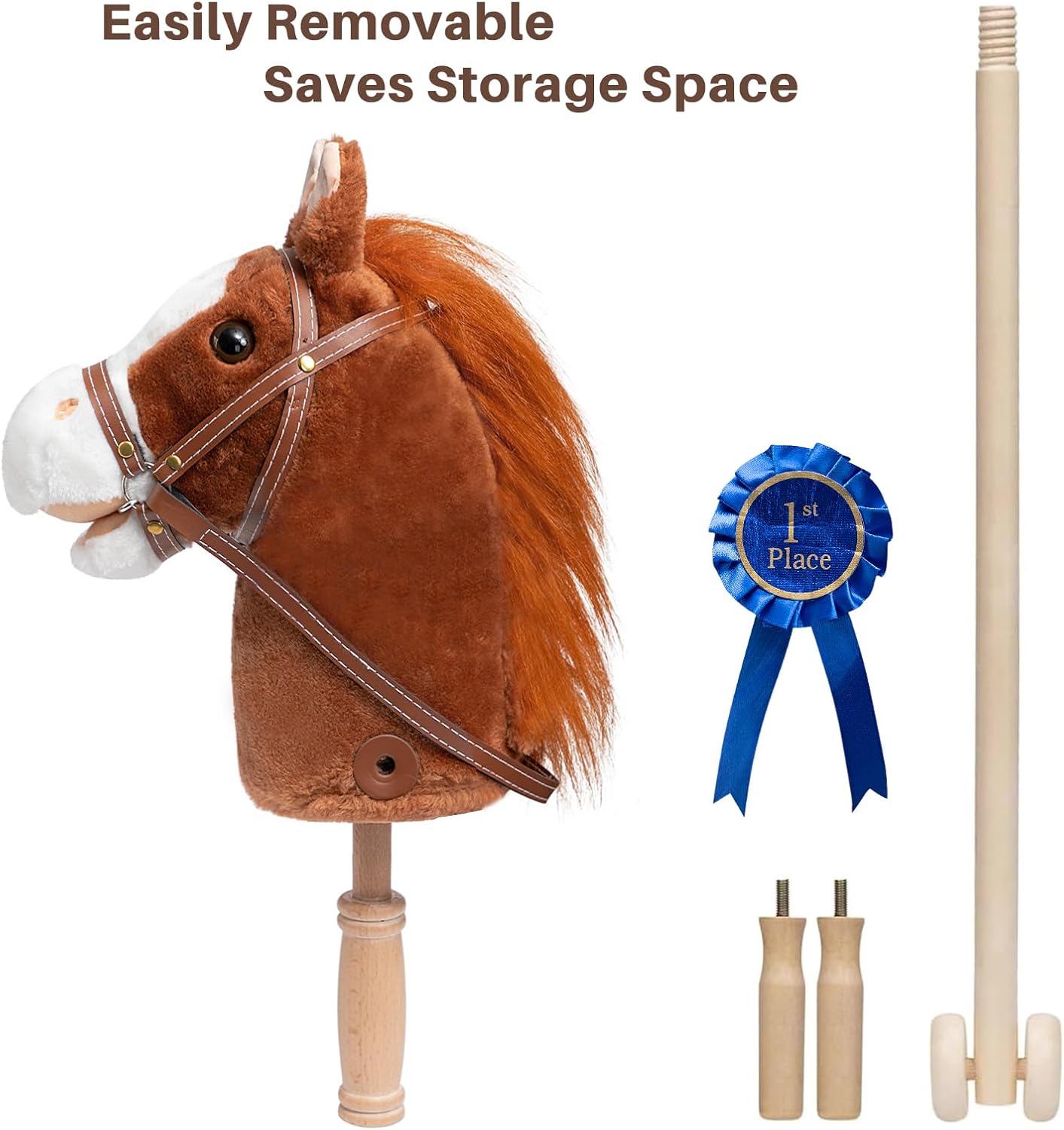 HollyHOME Stick Horse Plush Handcrafted Hobby Horse on a Stick with Wood Wheels Real Pony Neighing and Galloping Sounds for Kids Toddlers Beige 36 Inches(AA Batteries Required)