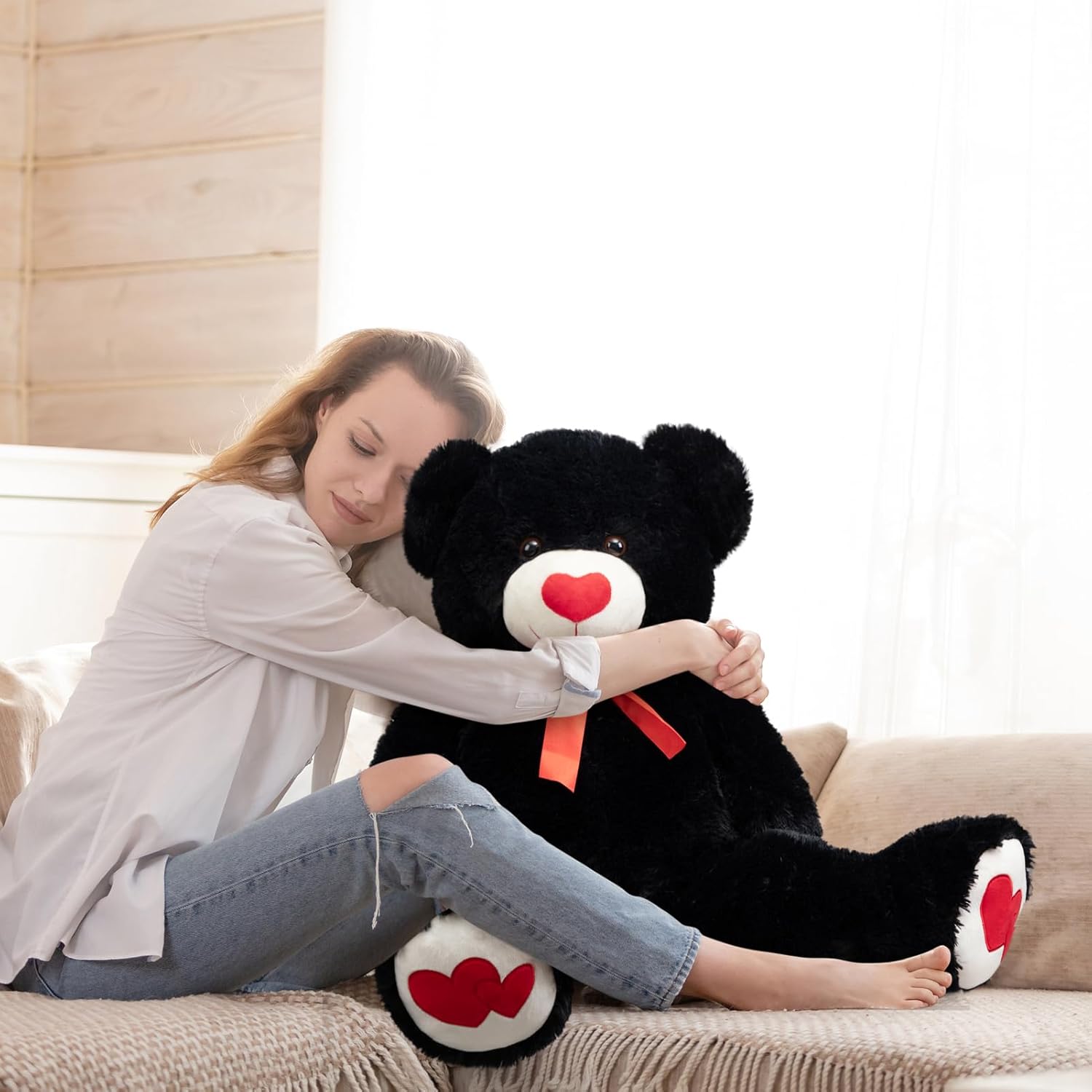 HollyHOME Big Teddy Bear Stuffed Animal Large Bear Plush with Red Heart for Girlfriend and Kids Valentine's Day 36 inch Beige