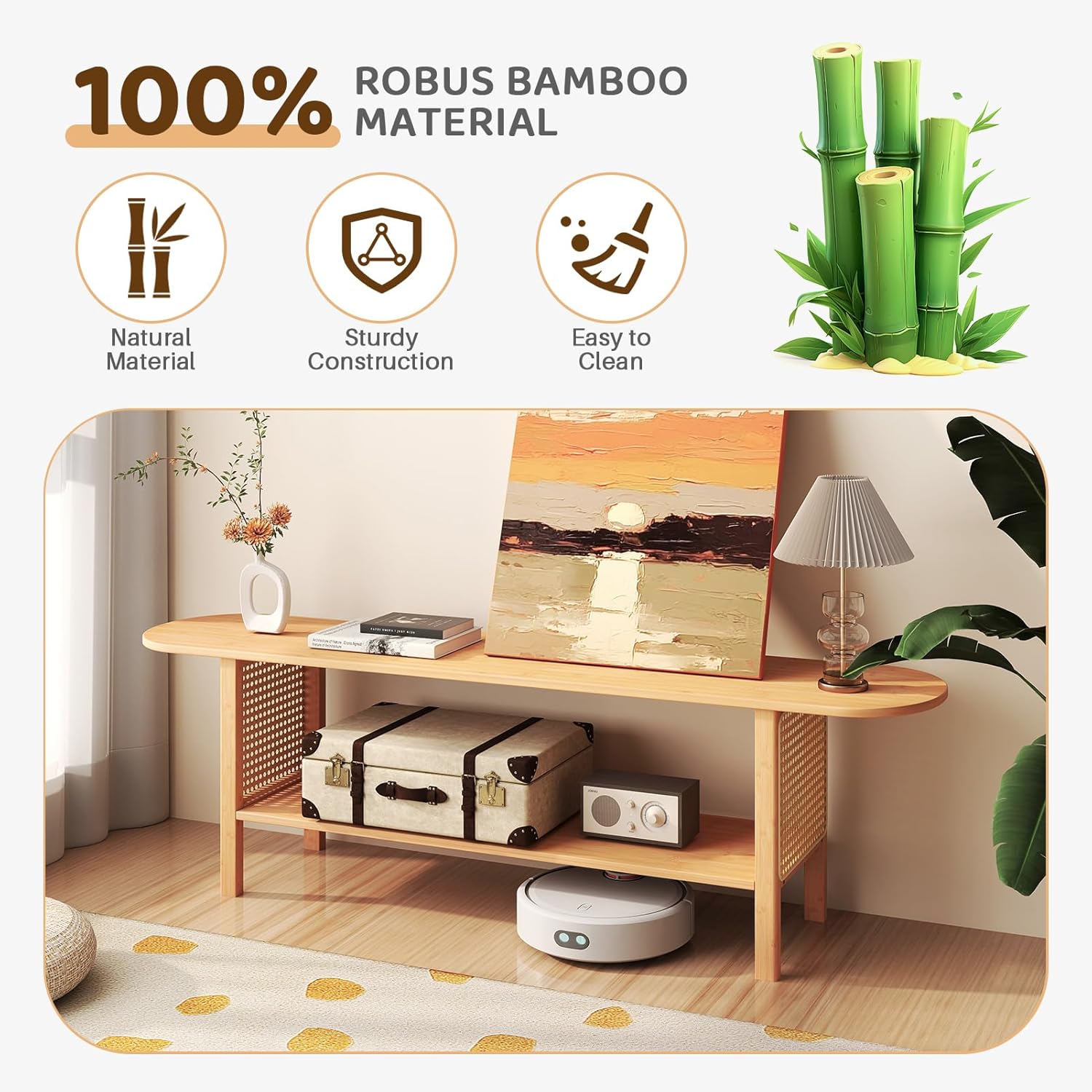 HollyHOME Bamboo TV Stand with Storage (Rattan Side)