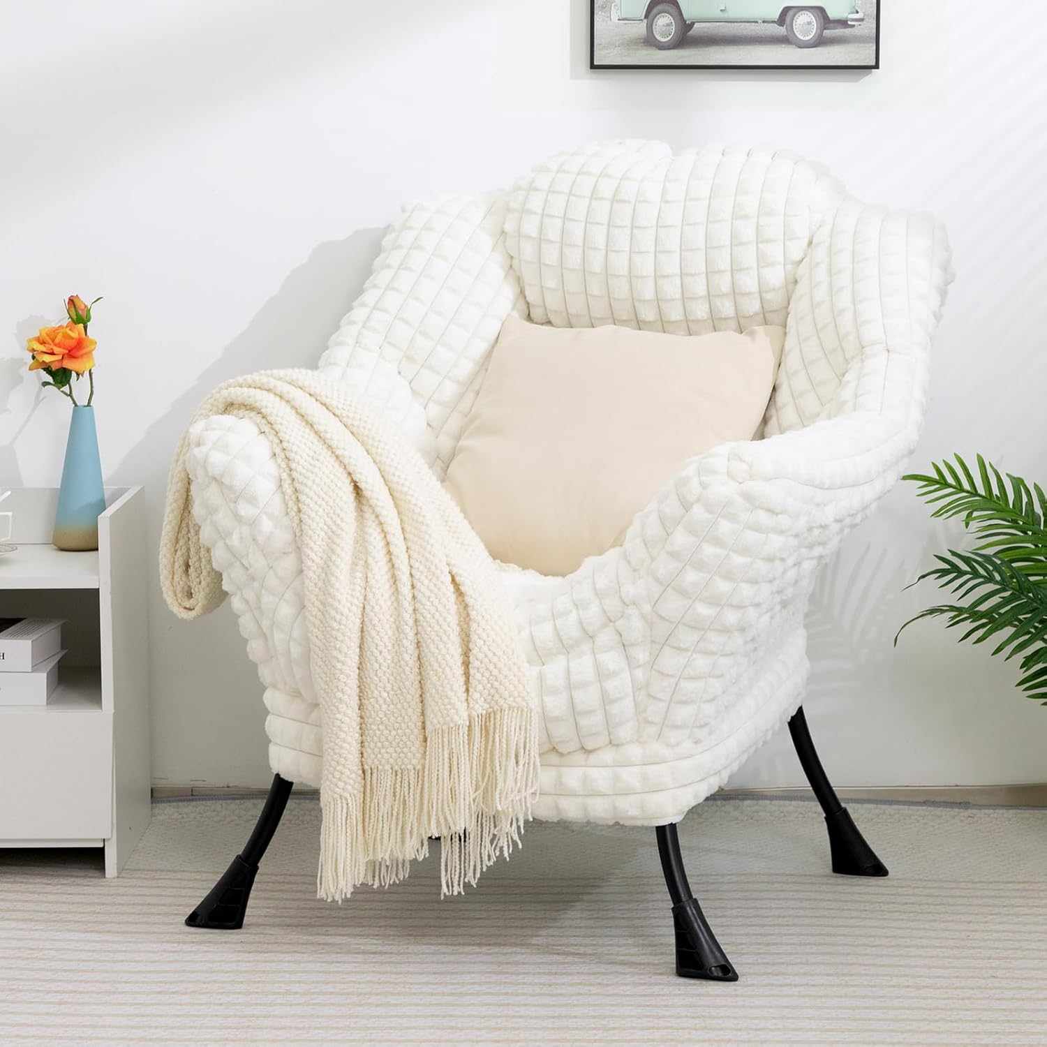 HollyHOME Fabric Lazy Chair with Foldable Ottoman, Accent Comfy Lounge Arm Chair and Folding Footrest Stool Set, Leisure Sofa Reading Chair and Footstool for Living Room, Bedroom, Dorm, Faux-Fur White