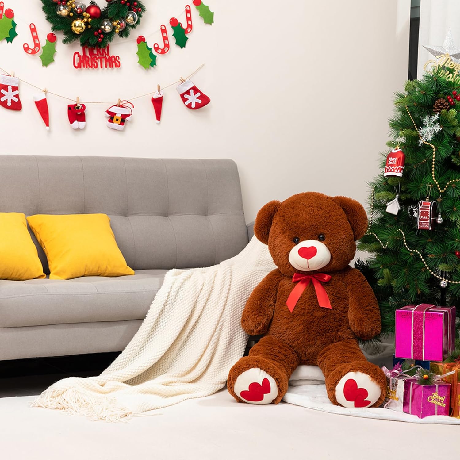 HollyHOME Big Teddy Bear Stuffed Animal Large Bear Plush with Red Heart for Girlfriend and Kids Valentine's Day 36 inch Beige