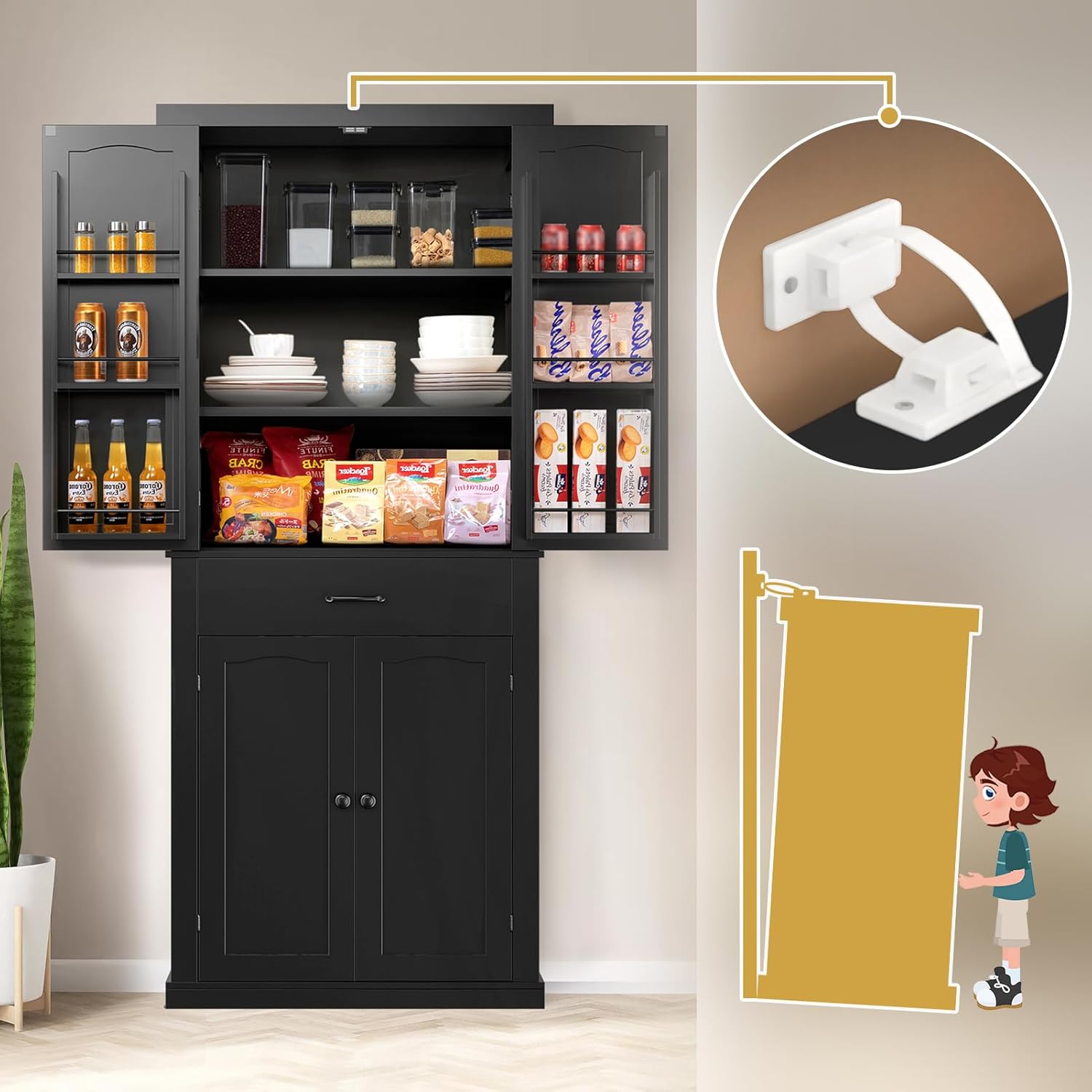 HollyHOME Kitchen Pantry Cabinet White（4-Door）