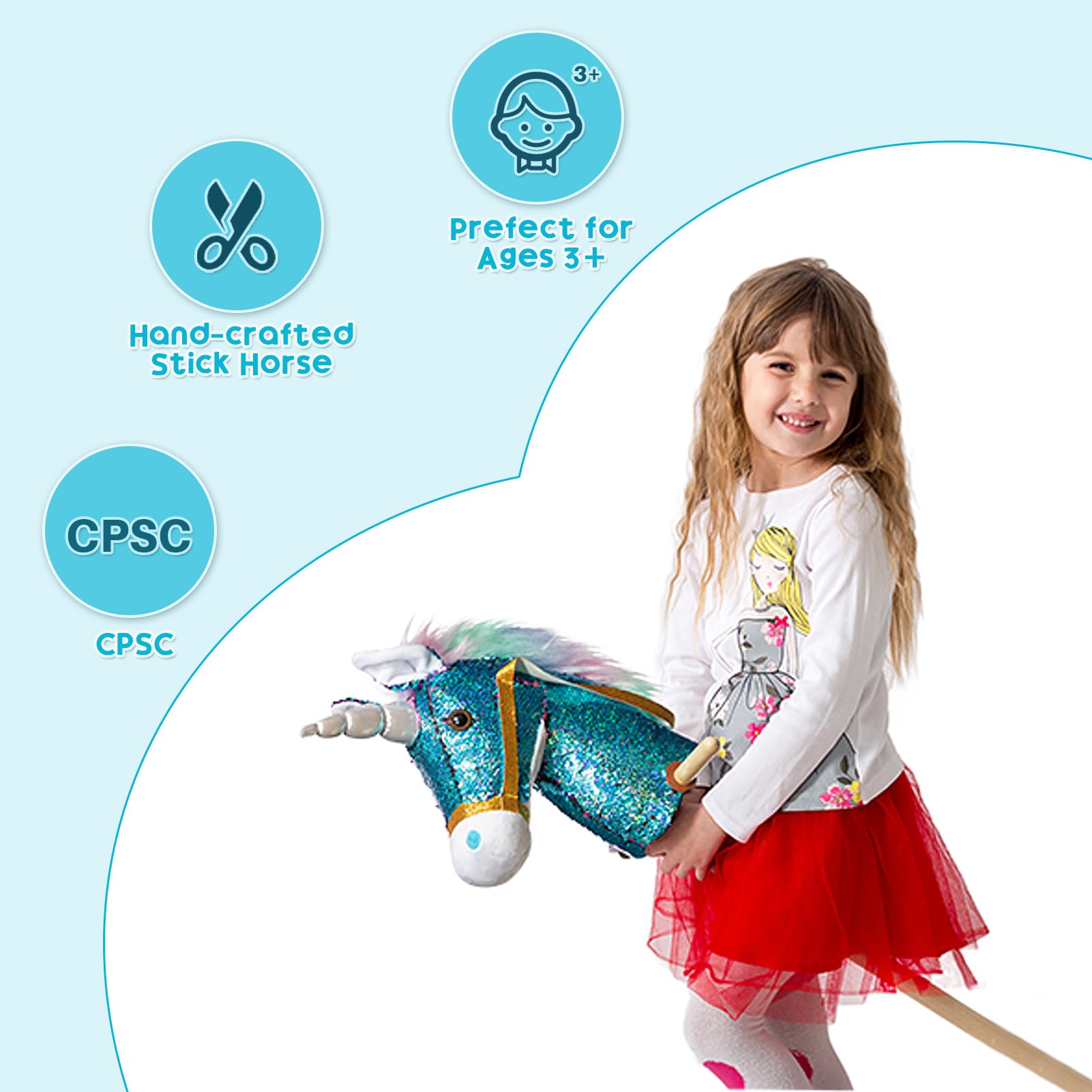 HollyHOME Unicorn Stick Horse with Wood Wheels Real Pony Neighing and Galloping Sounds Plush Unicorn Toy Pink with Rainbow Mane 36 Inches(AA Batteries Required)