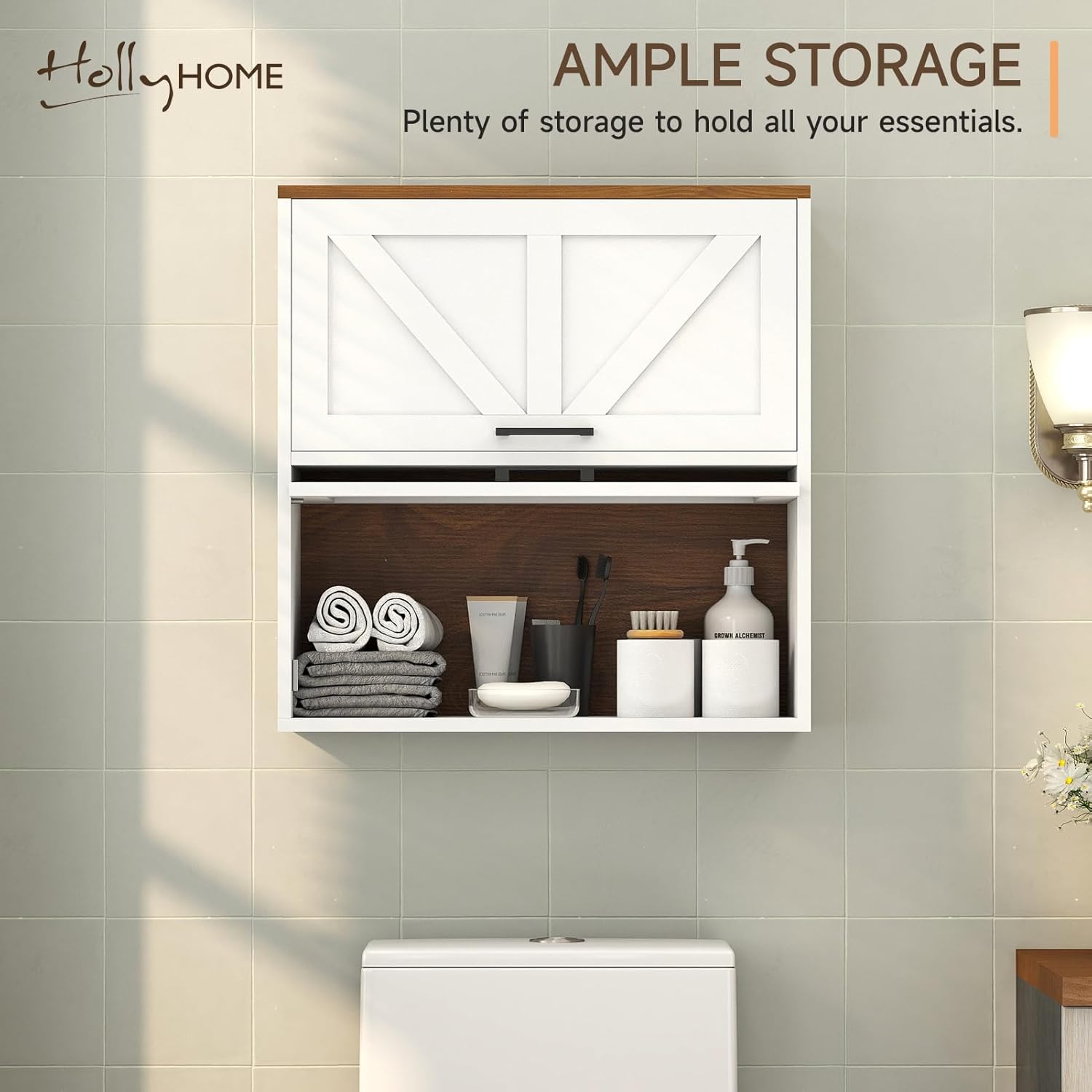 HollyHOME Farmhouse Wall Wood Medicine Cabinet for Bathroom, Kitchen, Living Room, White & Walnut Finish