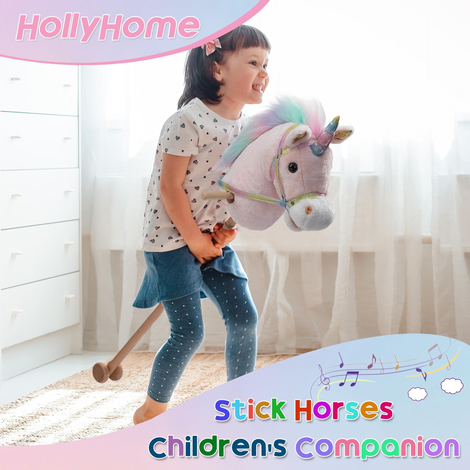 HollyHOME Unicorn Stick Horse with Wood Wheels Real Pony Neighing and Galloping Sounds Plush Unicorn Toy Pink with Rainbow Mane 36 Inches(AA Batteries Required)