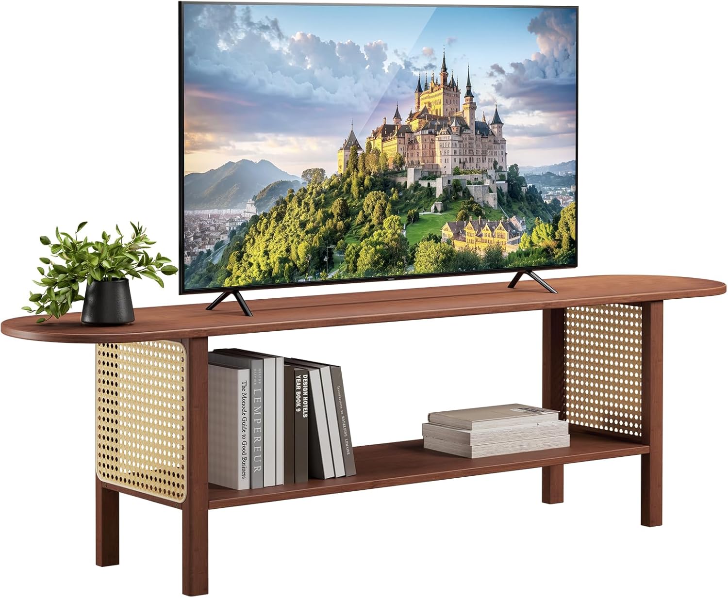 HollyHOME Bamboo TV Stand with Storage for TVs up to 65", Modern Entertainment Center with Rattan Side, Accent TV Table with 2 Shelf, Media Console TV Stand for Living Room, Bedroom, Walnut