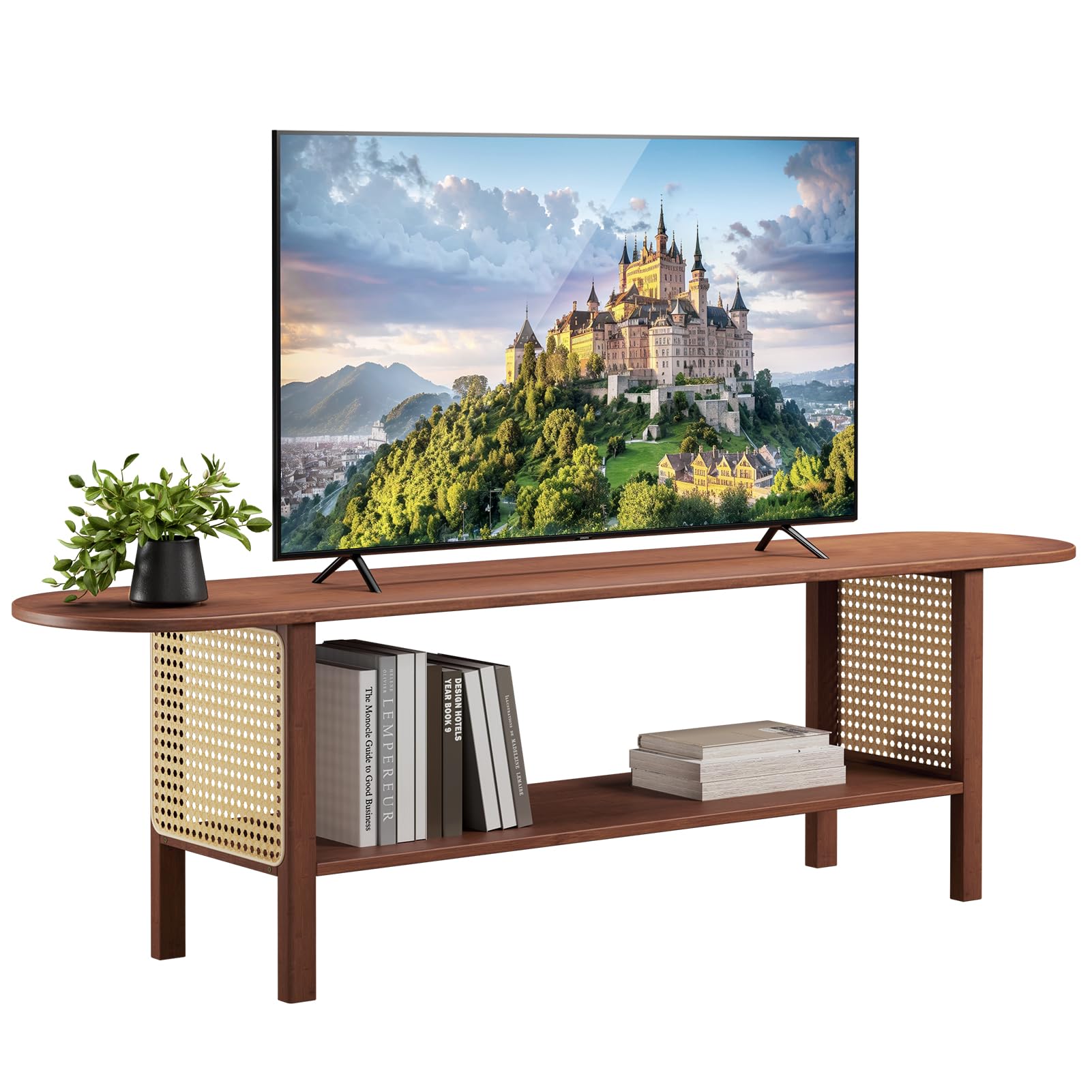 HollyHOME Bamboo TV Stand with Storage for TVs up to 65", Modern Entertainment Center with Rattan Side, Accent TV Table with 2 Shelf, Media Console TV Stand for Living Room, Bedroom, Walnut