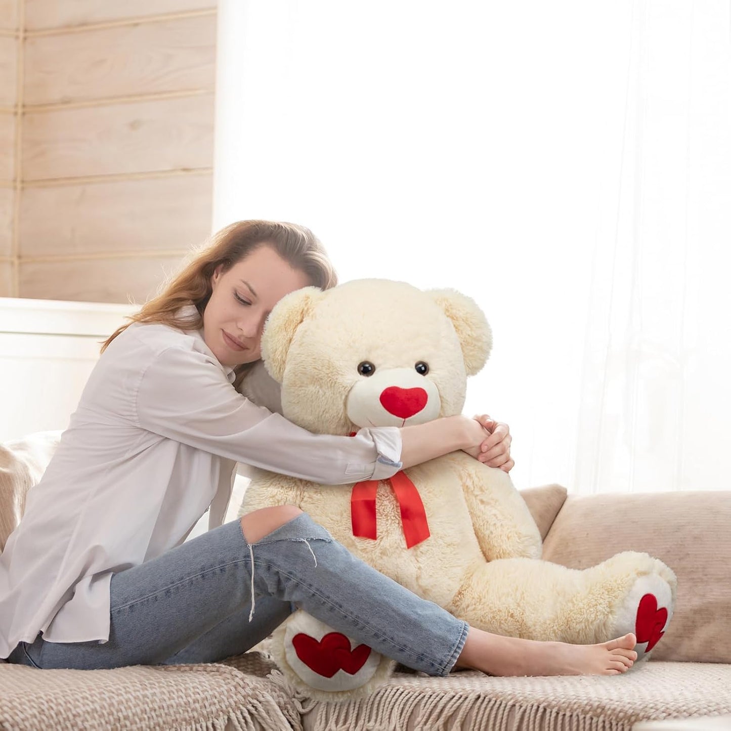 HollyHOME Big Teddy Bear Stuffed Animal Large Bear Plush with Red Heart for Girlfriend and Kids Valentine's Day 36 inch Beige