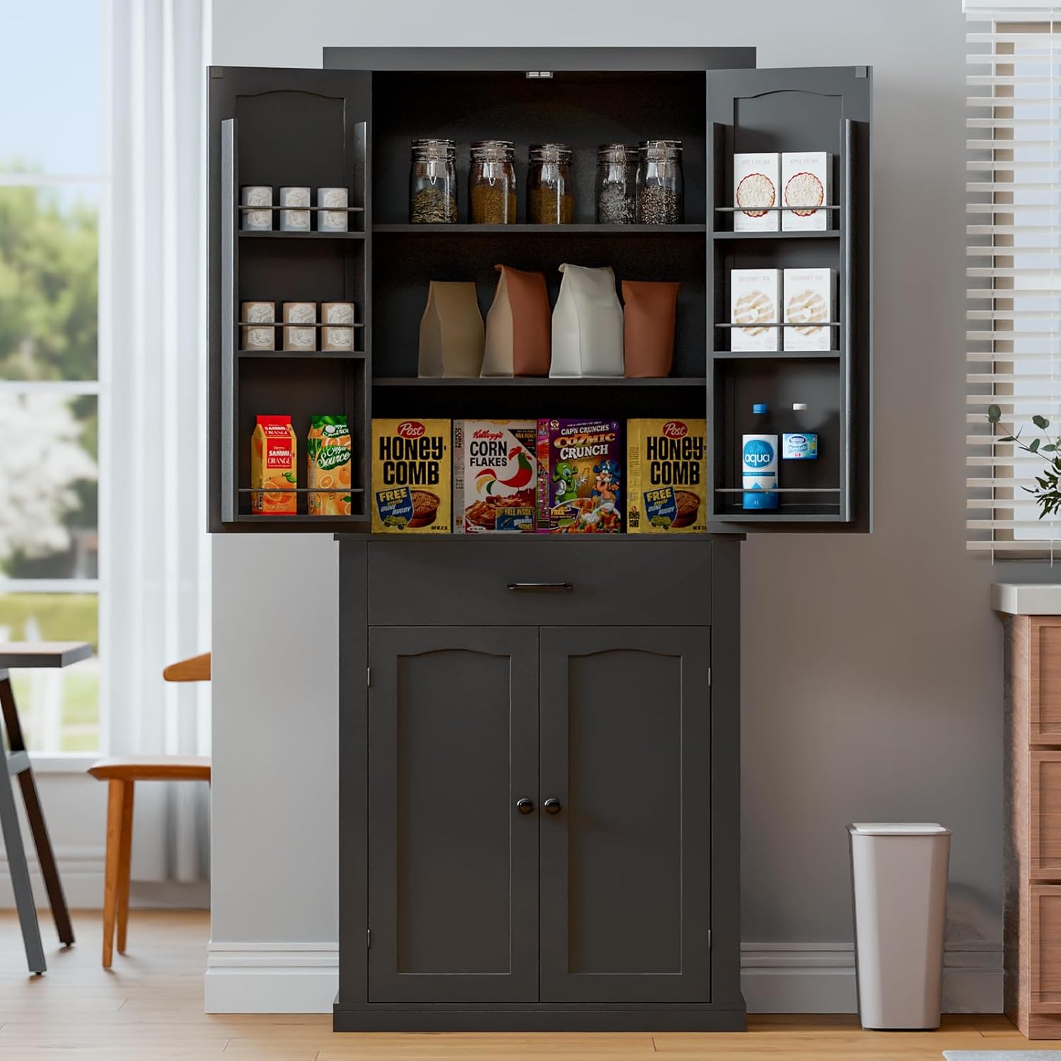 HollyHOME Kitchen Pantry Cabinet Black（4-Door）