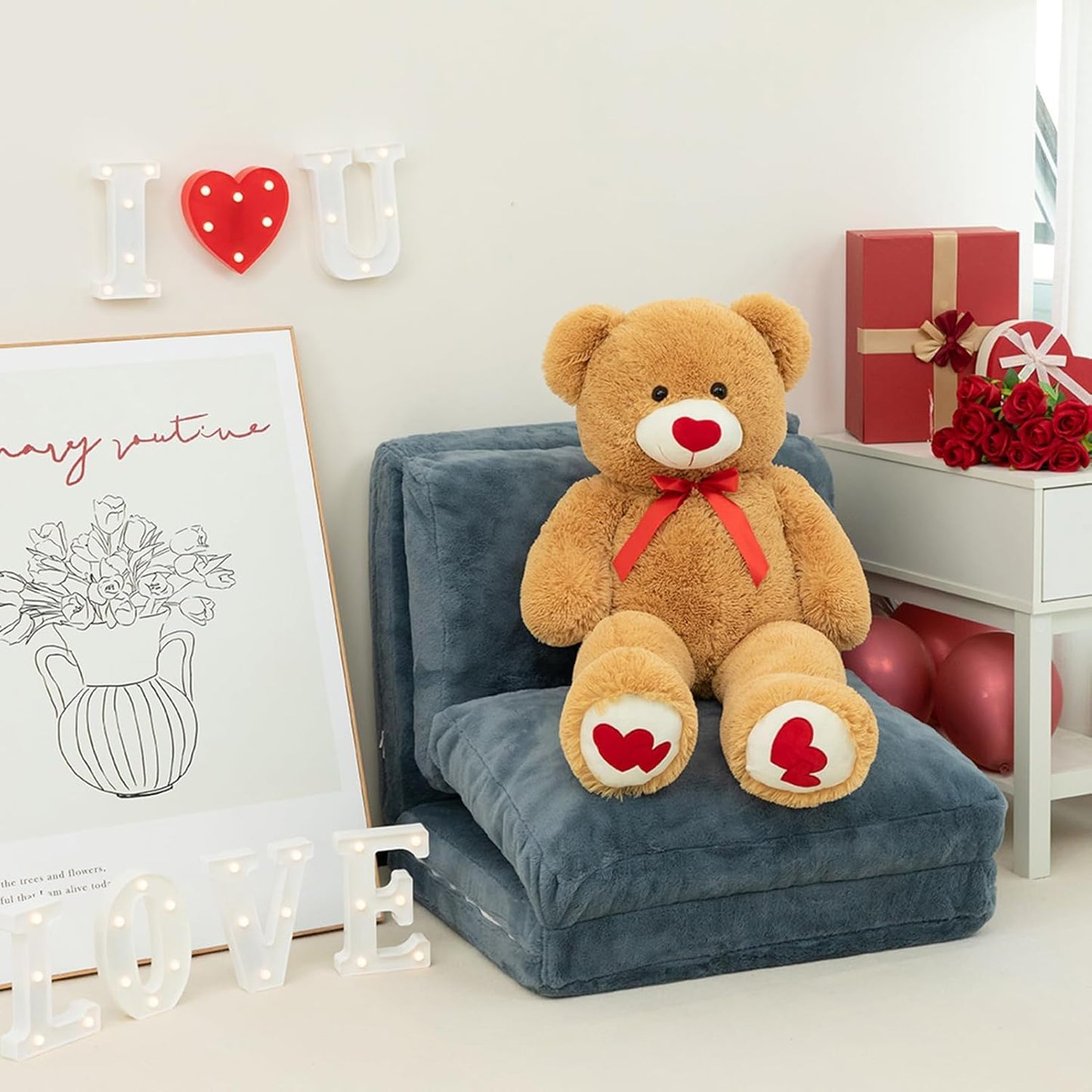 HollyHOME Big Teddy Bear Stuffed Animal Large Bear Plush with Red Heart for Girlfriend and Kids Valentine's Day 36 inch Tan